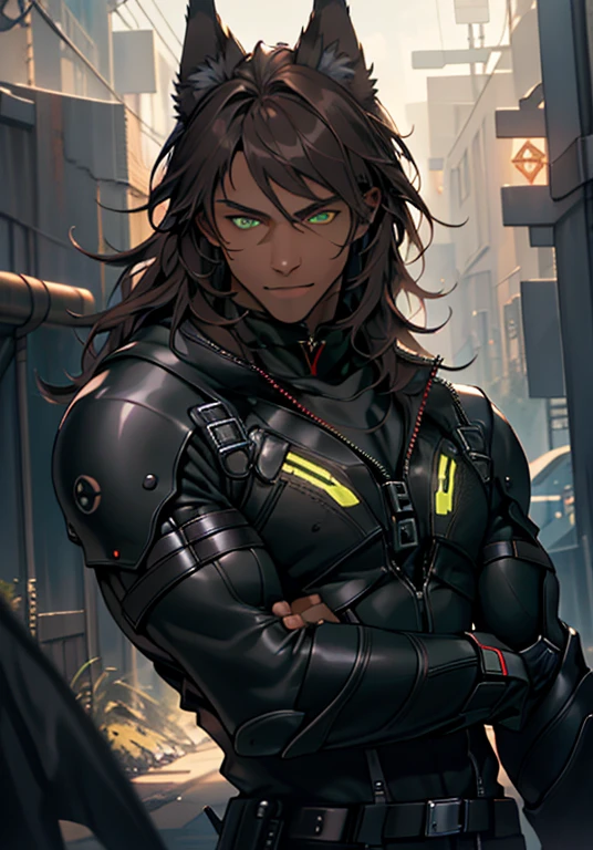 The ultra-detailliert, hight resolution, The ultra-detailliert, top-quality, astonishing, top-quality, Highly detailed CG Unity 8K wallpapers, Cinematic lighting, Cat Fanboy, cyberpunked, dark boy, slender, muscular, dark-skinned young man, dark brown long hair, Wolf ears, Green eyes,A sexy
