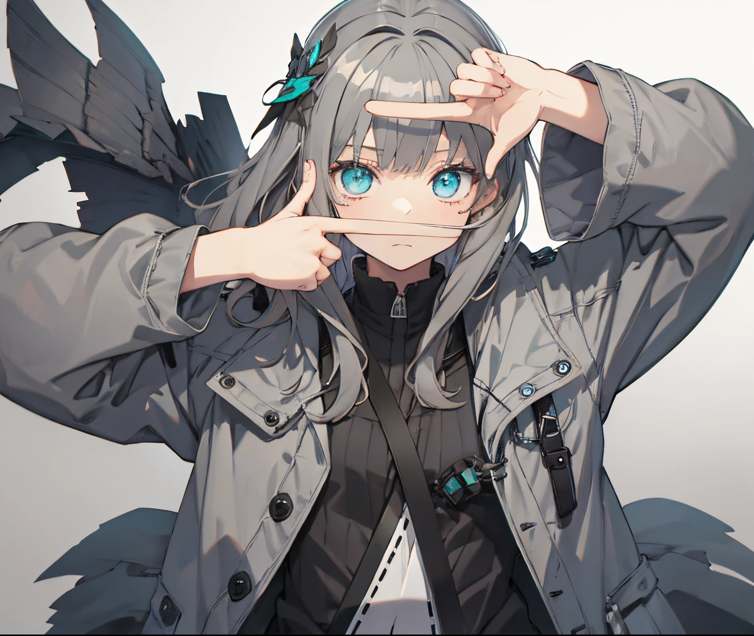 【Highest Quality, masutepiece】 [girl, Manteau,Turquoise eyes, front facing, jet-black hair, Jacket, ] (Gray white background:1.7),