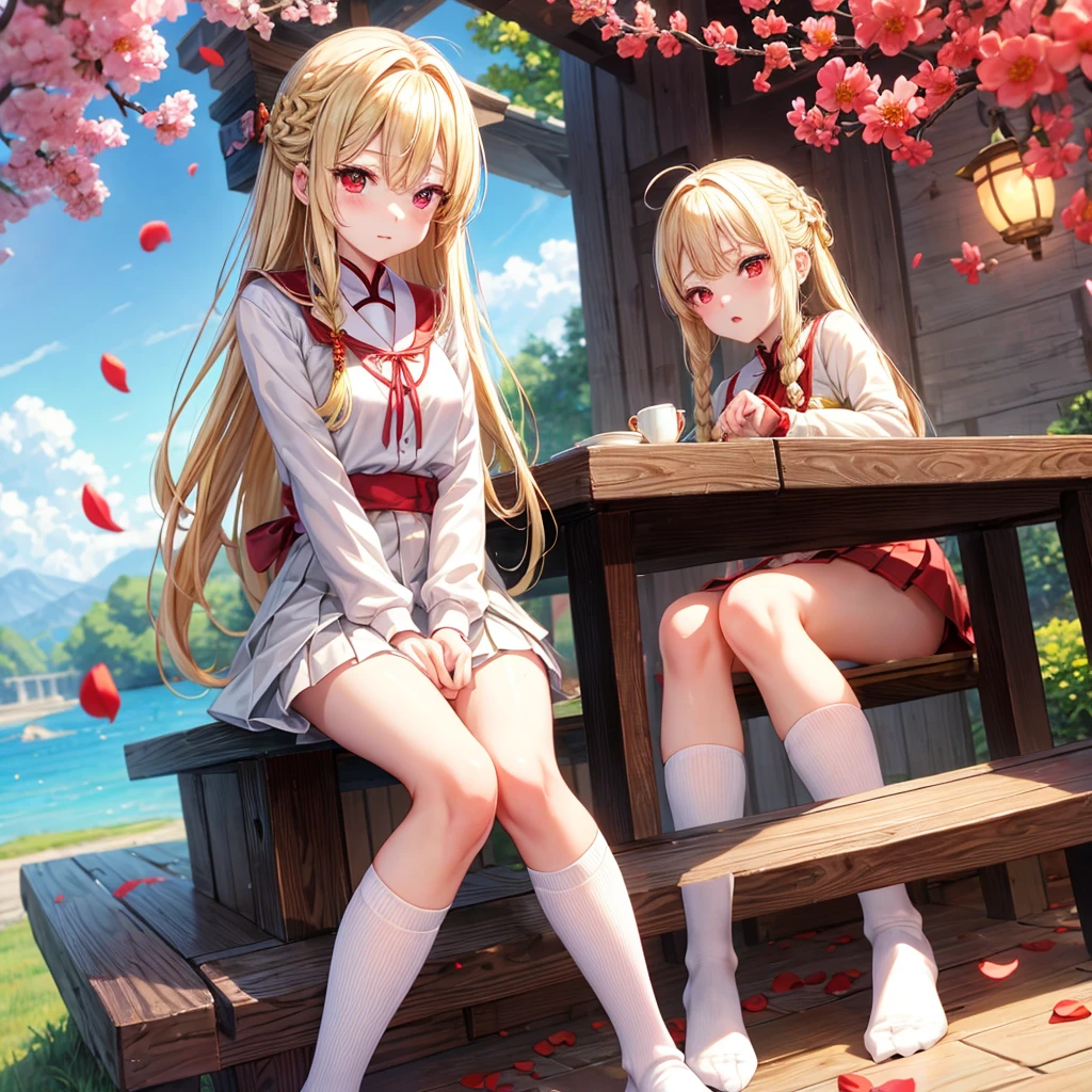 a blond、Braids、red eyes、One pretty girl、独奏、animesque、lightly dressed、a miniskirt、sitting on、flower petals、high socks、firey