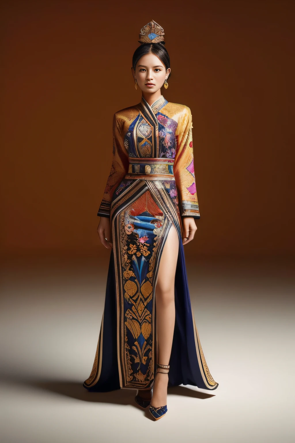 An Indonesian-styled futuristic suit worn by a girl depicting cultural fusion and modern fashion. The suit is adorned with intricate patterns and vibrant colors, showcasing the rich heritage of Indonesia. The girl stands confidently in a dynamic pose, with her detailed eyes reflecting determination and curiosity. The suit's material is a combination of traditional textiles and futuristic synthetic fabrics, giving it a unique and avant-garde appearance. The overall image quality is of the highest standard, with sharp focus and ultra-detailed rendering. The artwork employs physically-based rendering techniques, resulting in realistic lighting and shadows. The colors are vivid and vibrant, capturing the essence of Indonesian cultural aesthetics. The background features a fusion of modern architecture and traditional elements, creating a harmonious blend of the past and the future. The prompt explores the intersection of Indonesian culture, futuristic design, and the artistic representation of a confident girl.
