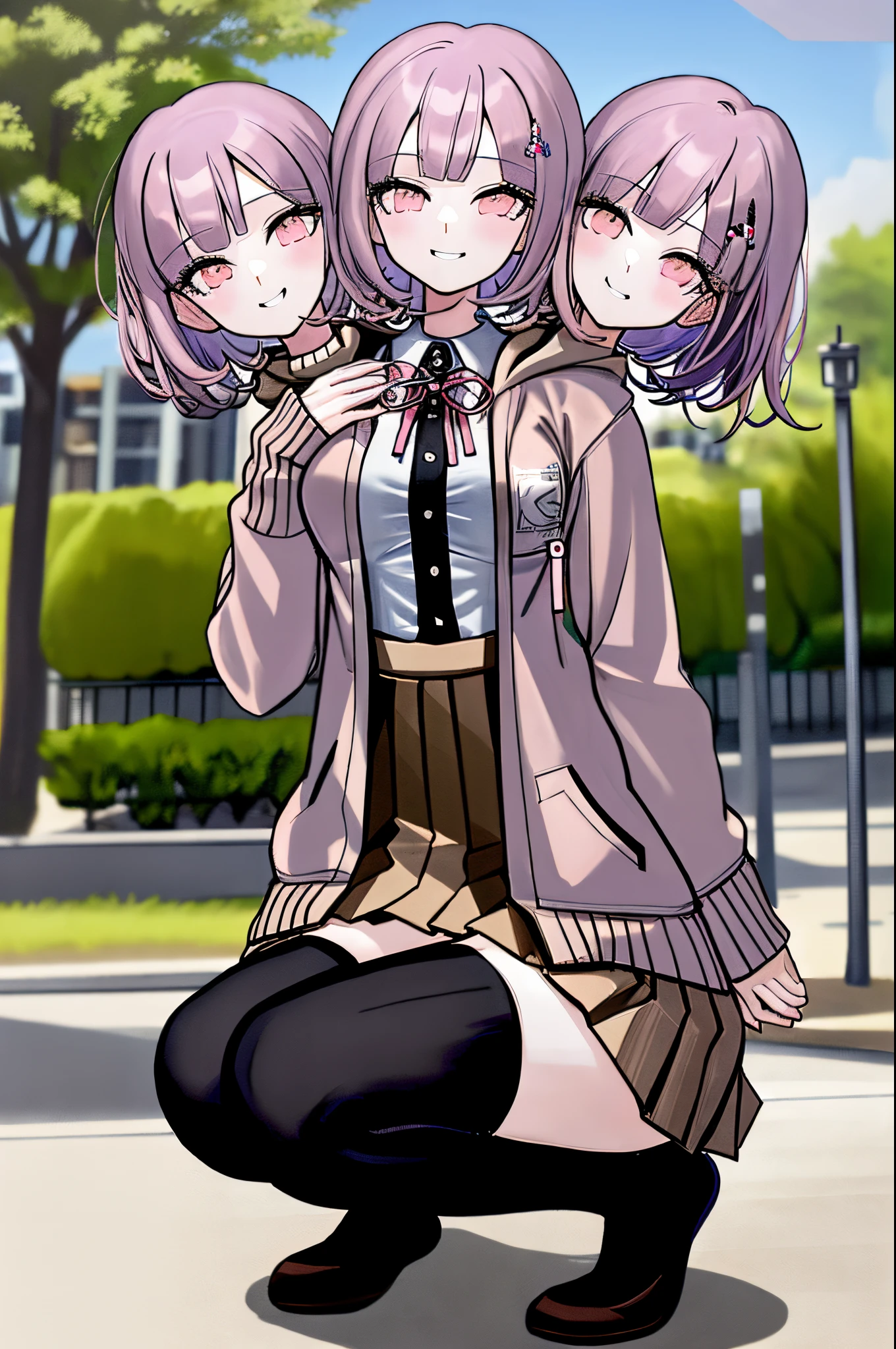 (3heads:1.5), 1girl, solo, hair ornament, shirt, jacket, ribbon, skirt, dress shirt, pink ribbon, open clothes, pleated skirt, white shirt, neck ribbon, collared shirt, hood, open jacket, bag, black jacket, long sleeves, shirt tucked in, brown skirt, hairclip, two-tone shirt, hooded jacket, breasts, medium hair,  (black thighhighs), (pink footwears), cowboy shot,  (perfect hands), squatting, outdoors, park, tree, sky, looking at viewer, wide hipes, thick thighs, leotard, smug