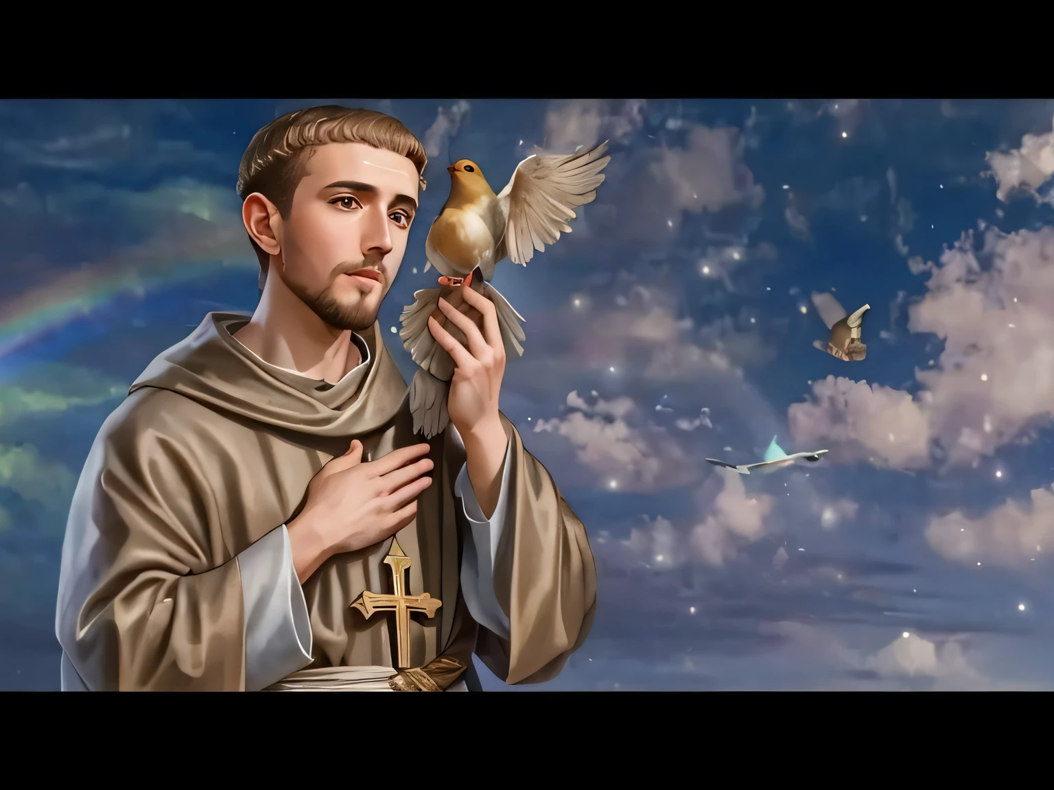 a man holding a bird in his hand with a sky background, inspirado por Francisco Helps, inspired by Thomas Aquinas Daly, por Francisco Helps, inspirado em John F. Francisco, Miniatura do YouTube, Directed by: Thomas Aquinas Daly, Segredos dentro do Vaticano, Os segredos dentro do Vaticano, christian saint rosace, christian saint, padroeiro do 🛸🌈👩🏾, santo