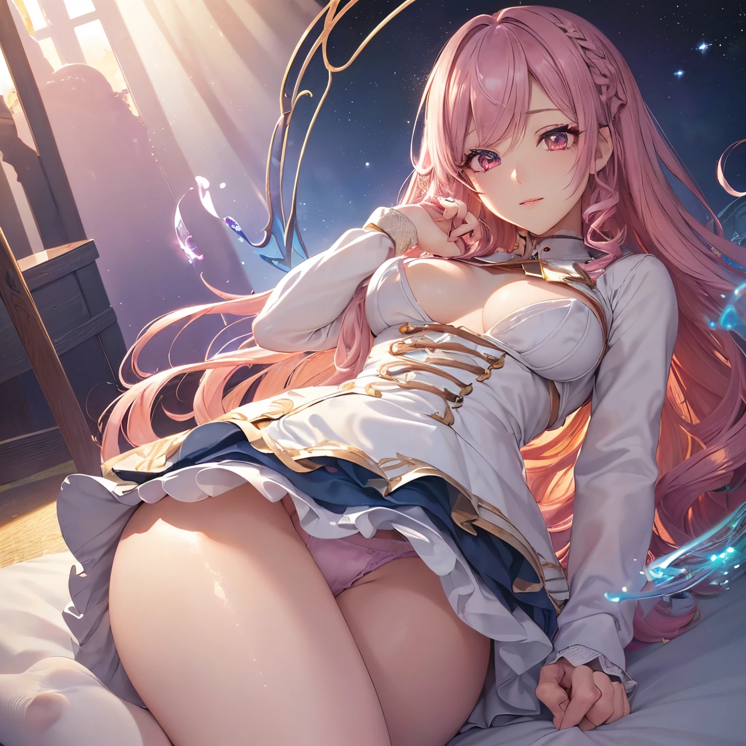 (Beautiful detailed eyes,Beautiful detailed lips,extremely detailed eye and face,Hires steps:40,longeyelashes,Cute girl in alchemy costume,Cute uniform,miniskirt laugh out loud,attractive girl,Best Quality,busty,masutepiece:1.2,stunning figure,Erotically cute,Ultra-high resolution,Gorgeous girl,Lovely girl,Multi-colored hair,Relaxation Socks,High resolution,gorgeous eyes,Perfect beauty) (masterpiece、top-quality、top-quality、watercolor paiting(Curly)、Official art、Beautifully Aesthetic:1.2)、(2girl with:1.3)、(Fractal Art:1.3)、The upper part of the body、From Side、looking at the viewers、patterns、(rainbow-colored hair、colourful hair、Half white and half pink hair:1.2)、((A detailed4This refers to、Thumb joint details))、Eau、gases、云、colourfull、Deep kissing、(I'm、violate、Detailed panties)