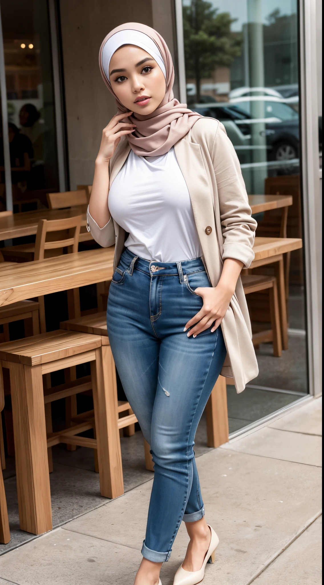 RAW, Best quality, high resolution, masterpiece: 1.3), beautiful Malay woman on hijab (iu:0.8),((big breast)), perfect nose,perfect lips, perfect eyes, detail :1.2),medium breast, wearing hijab standing in front of cafe, full body woman, casual pose, photo of slim girl, full body photogenic photo, with beautiful appearance, full body photo, casual clothing style, female model, beautiful girl, business attire, photo clothing, wear casual clothes, take photos of slim girl models, full body! beautiful face, casual photography, beautiful woman
