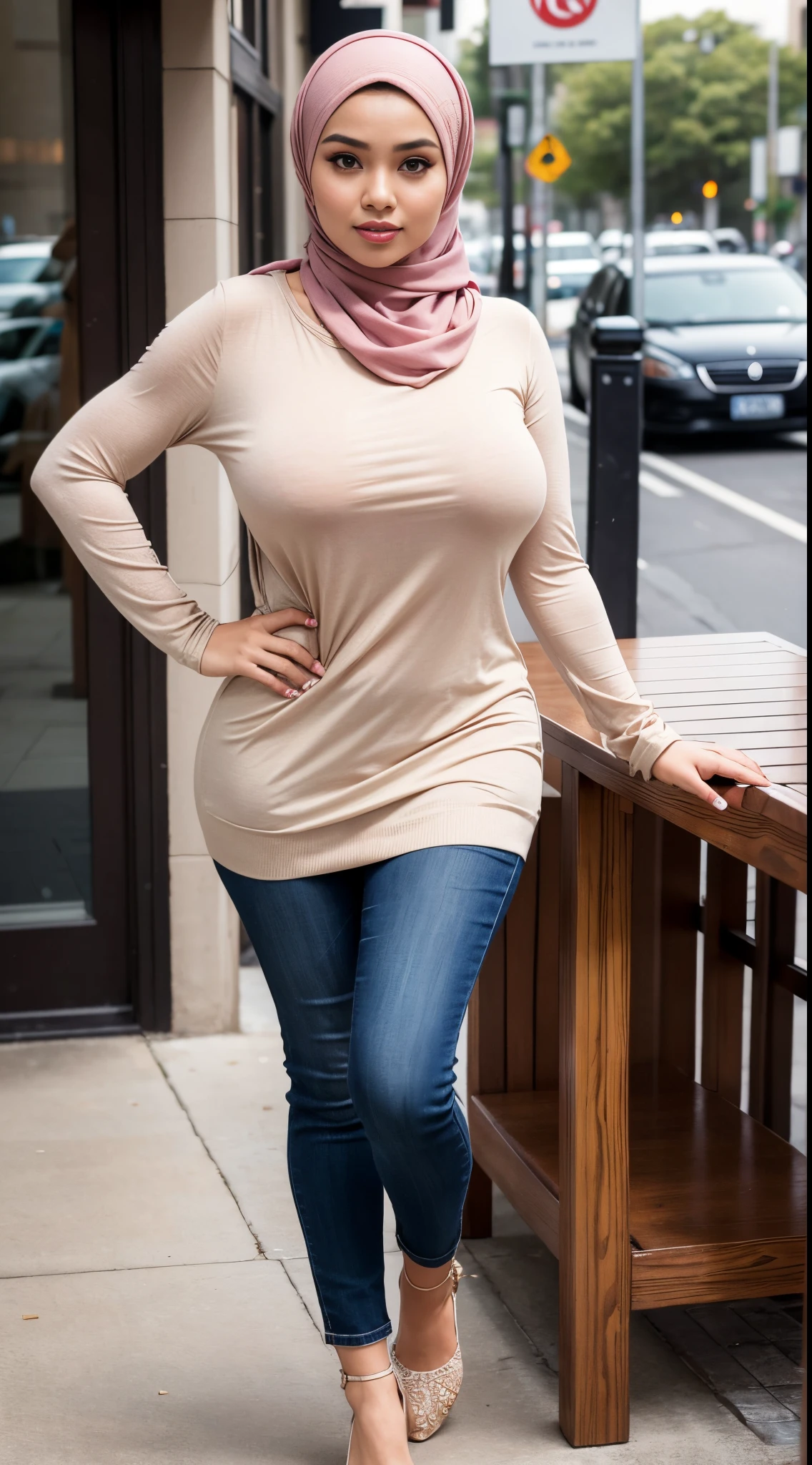 RAW, Best quality, high resolution, masterpiece: 1.3), beautiful Malay woman in hijab (iu:0.8),((big breast)), perfect nose,perfect lips, perfect eyes, detail :1.2), soft smile, standing in the park, big breast, full body photo, wearing simple tight clothes, jean, full body length, full body length shot, hijab, full body wide shot, full body portrait, full body ;, full height, olive green, full photogenic photo body, clothing photos, profile photos