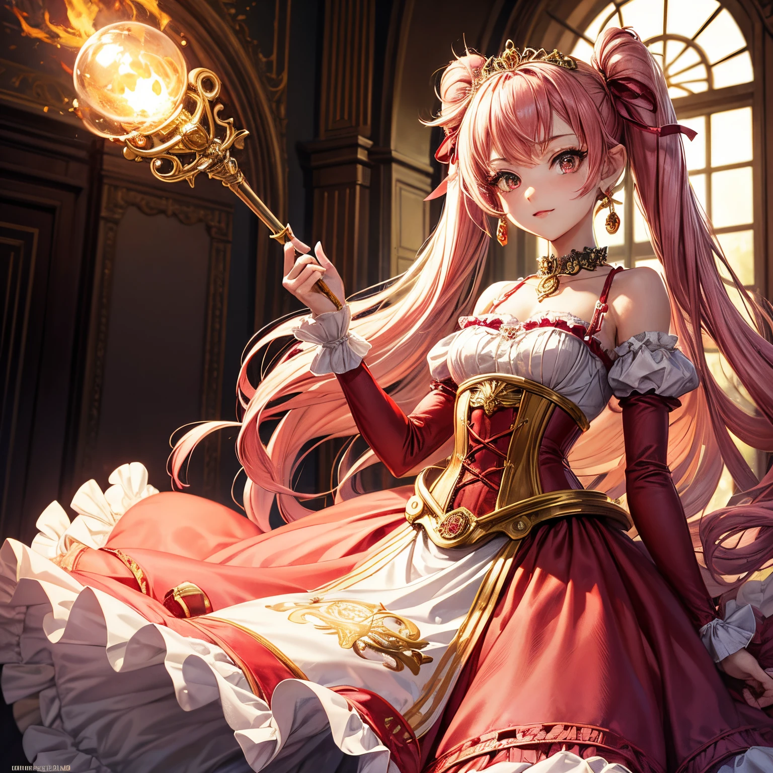 Pretty 15 years old princess, drawn in anime style, is cute and happy, long red pigtails hair, pink eyes, small breast, makeup and lipstick, steampunk, red and white ball gown with puffy sleeves, petticoat, bustle, corset, hair ribbons, white elbow gloves, ruby earrings and necklace, gold tiara, high heels, wielding a fire magic wand, standing in castle bedroom, highly detailed, 4K.