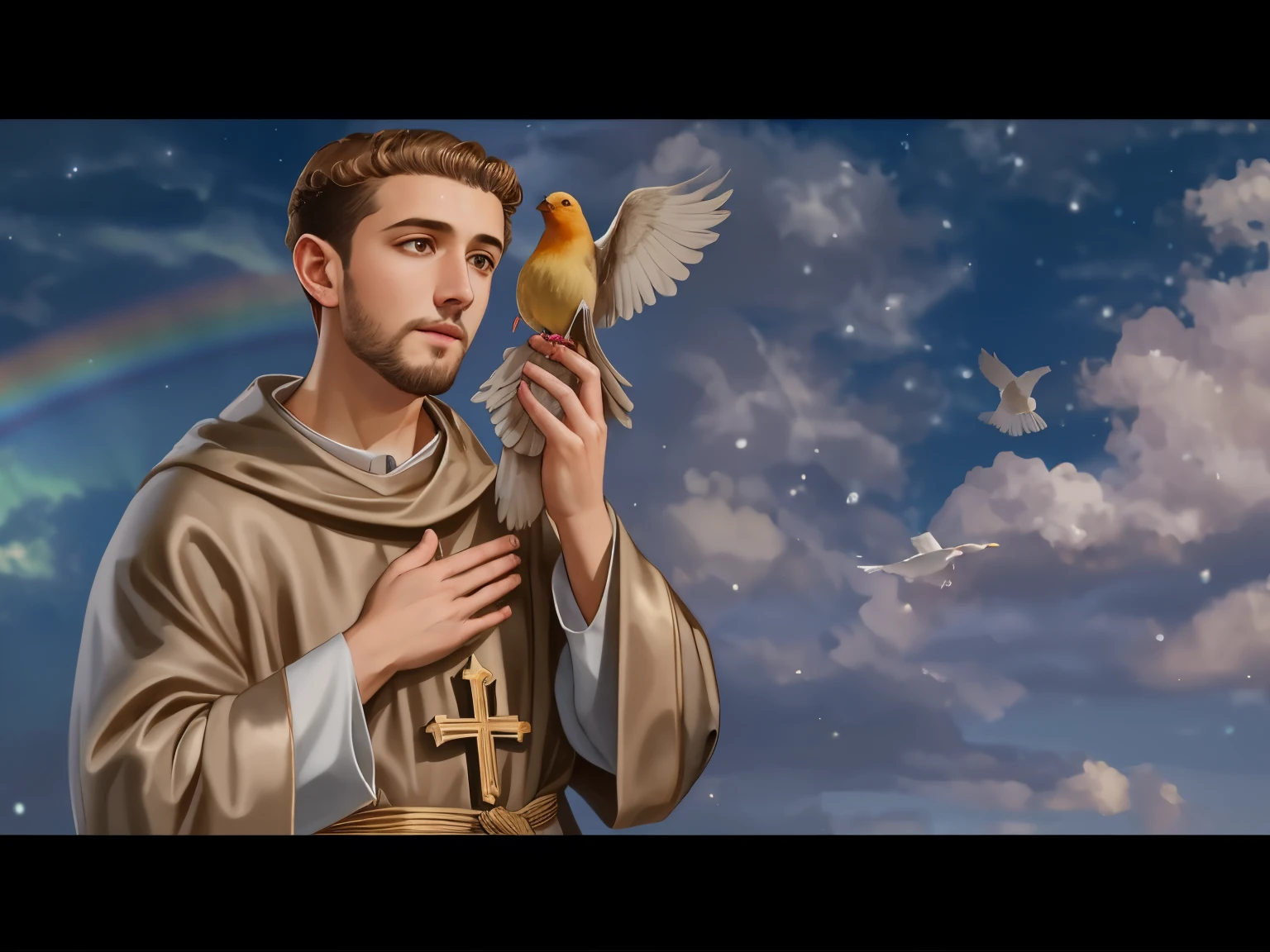 a man holding a bird in his hand with a sky background, inspirado em Francisco Helps, inspired by Thomas Aquinas Daly, por Francisco Helps, inspirado em John F. Francisco, Miniatura do YouTube, Directed by: Thomas Aquinas Daly, Segredos dentro do Vaticano, Os segredos dentro do Vaticano, christian saint rosace, christian saint, padroeiro do 🛸🌈👩🏾, santo