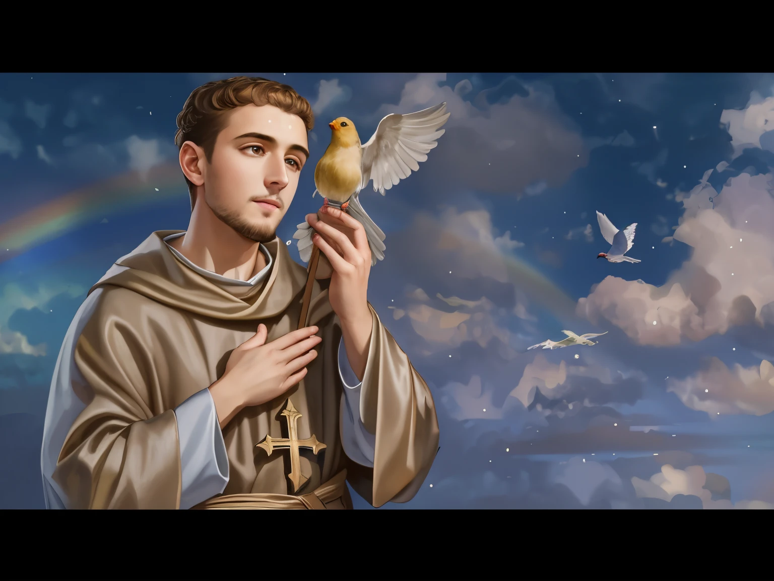 a man holding a bird in his hand with a sky background, inspirado em Francisco Helps, inspired by Thomas Aquinas Daly, por Francisco Helps, inspirado em John F. Francisco, Miniatura do YouTube, Directed by: Thomas Aquinas Daly, Segredos dentro do Vaticano, Os segredos dentro do Vaticano, christian saint rosace, christian saint, padroeiro do 🛸🌈👩🏾, santo