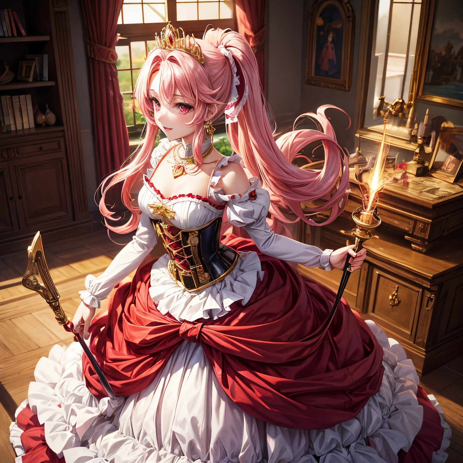 Pretty 15 years old princess, drawn in anime style, is cute and happy, long red pigtails hair, pink eyes, small breast, makeup and lipstick, steampunk, red and white ball gown with puffy sleeves, petticoat, bustle, corset, hair ribbons, white elbow gloves, ruby earrings and necklace, gold tiara, high heels, wielding a fire magic wand, standing in castle bedroom, highly detailed, 4K.