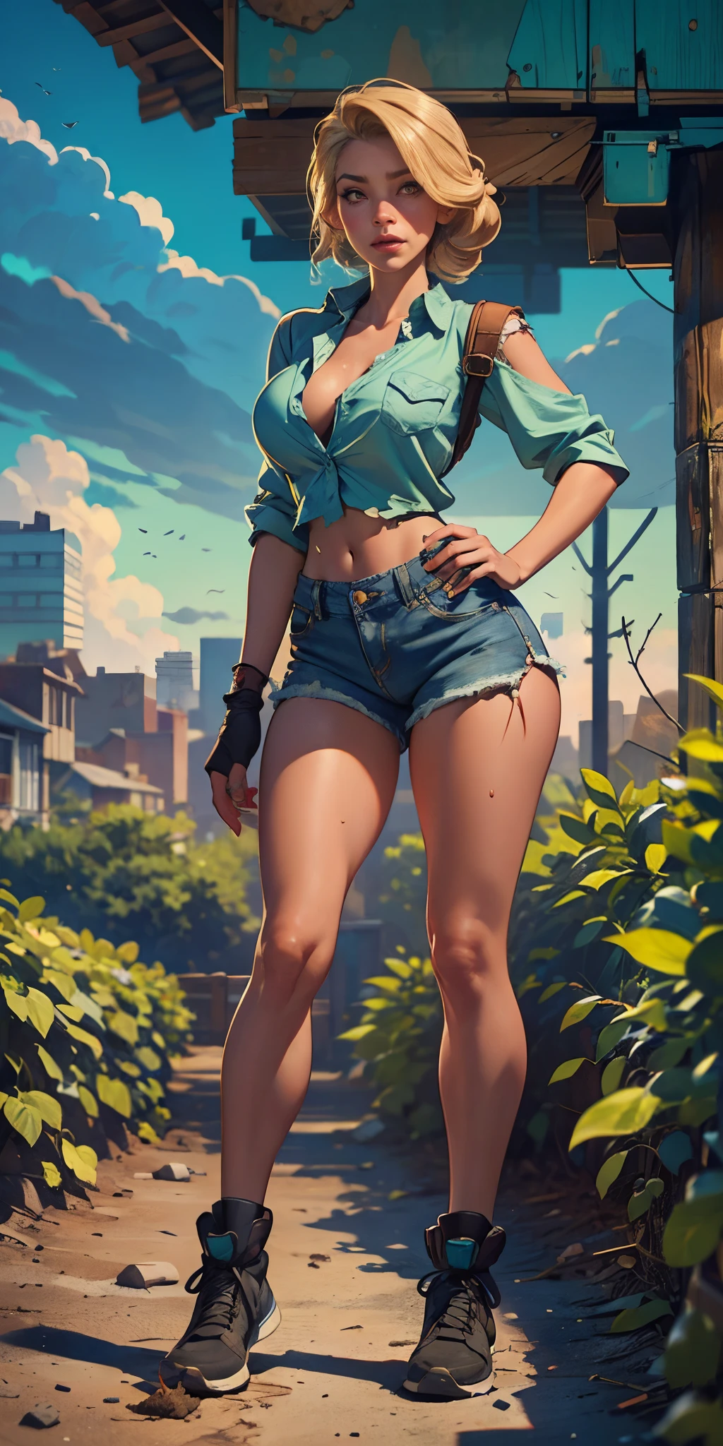 2076 year. The Urban Ruins of the Wasteland, Female huntress picking fruit in the garden, beautiful face, blonde, badly torn shirt and denim shorts ,  long legs, sweating through, sun rising, Nice warm colors, head to toe full body shot