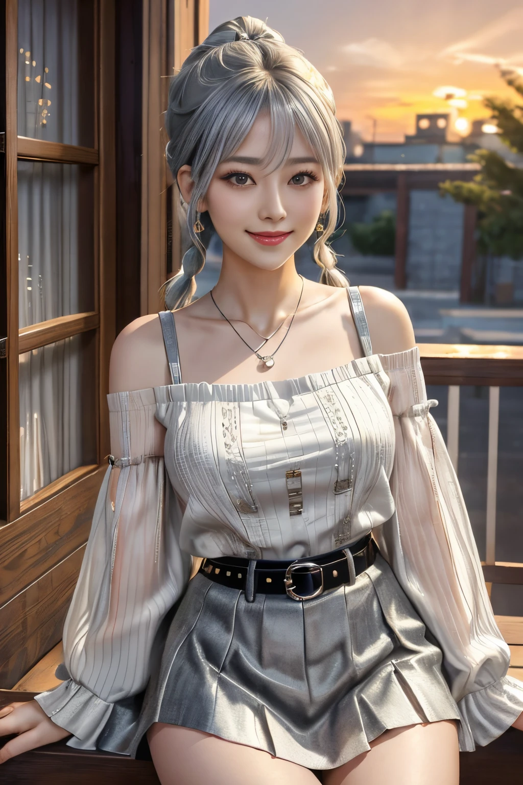 Sunset Park,The actress is a very beautiful Western adult woman.........., bobbin lace ruffle mini skirt,Sexy face, a belt,bags, a necklace,piercings,Big Baggy Bobbin Lace V-Neck Off-Shoulder Sweater . Happy smile.Sexy face, Sexy Pose, (Silver hair、Ponytail twisted buns adorned with elaborate braids and beads,Braided Setup Fishbone Hair,),(Bangs are see-through bangs),(hair pin、poneyTail、Floating hair、),.(Great emphasis:1.3),Use the sunset as illumination,Cinematic Light,(masutepiece,top-quality,Ultra-high resolution output image,) ,(The 8k quality,),(Sea Art 2 Mode:1.3),,(Image Mode Ultra HD,)