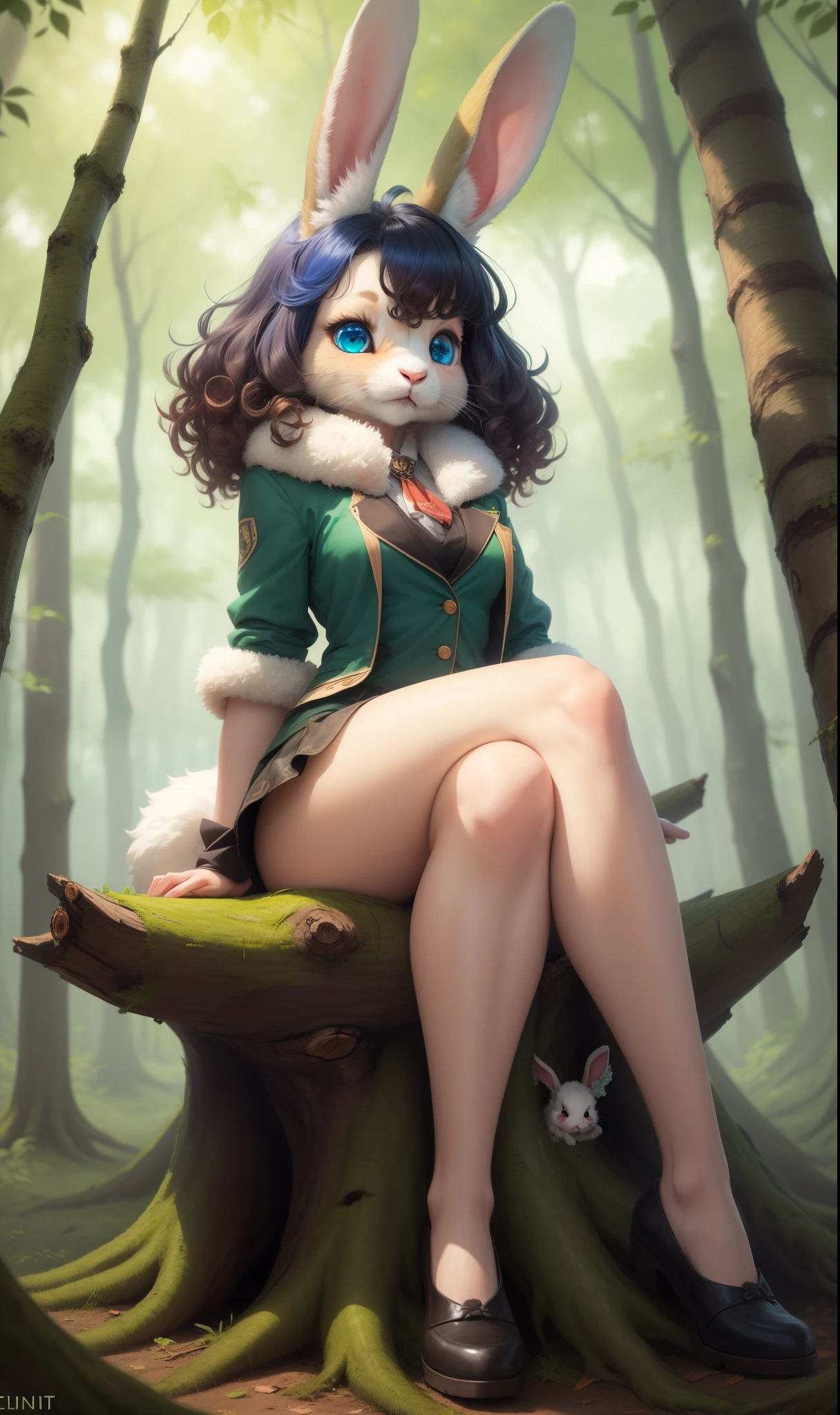 Furry Rabbit, Thick thighs, normal , curly hair, Normal balls, details, blue eyes, Femboy, sitting on a fallen tree trunk in the middle of the forest green