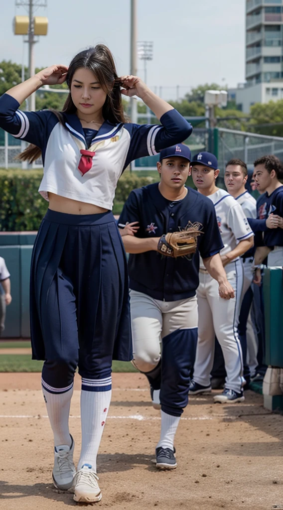 Best Quality、Soio、Alone、Full body posture、path to change、Decreased muscle strength in women、Female baseball player transforms into a girl wearing a sailor suit、Baseball uniform transforms into sailor suit、Baseball uniform pants transform into a skirt、Strong muscles become thinner、how to change into a poor body、ungainly、