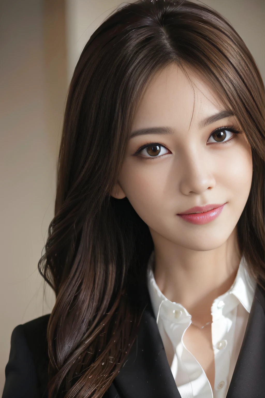 masutepiece, Best Quality, Photorealistic, Ultra-detailed, finely detail, High resolution, 8K Wallpaper, 1 beautiful woman,, light brown messy hair, in a business suit, foco nítido, Perfect dynamic composition, Beautiful detailed eyes, detailed hairs, Detailed realistic skin texture, Smiling, Close-up portrait, Model body type
