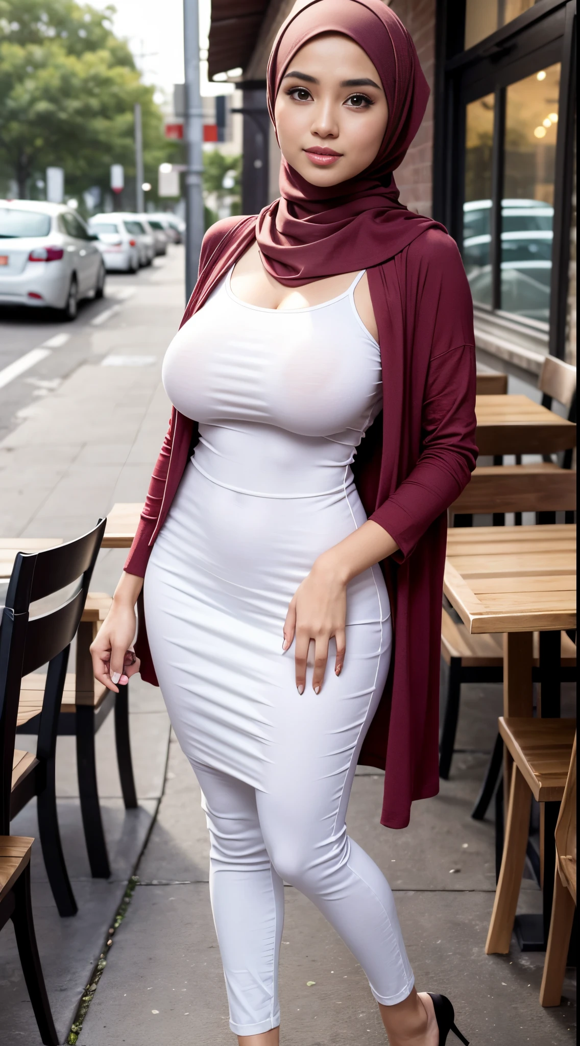 RAW, Best quality, high resolution, masterpiece: 1.3), beautiful Malay woman on hijab (iu:0.8),((big breast)), perfect nose,perfect lips, perfect eyes, detail :1.2),medium breast, wearing hijab standing in front of cafe, full body woman, casual pose, photo of slim girl, full body photogenic photo, with beautiful appearance, full body photo, casual clothing style, female model, beautiful girl, business casual, photo clothing, wear casual clothes, take photos of slim girl models, full body! beautiful face, casual photography, beautiful woman, soft smile