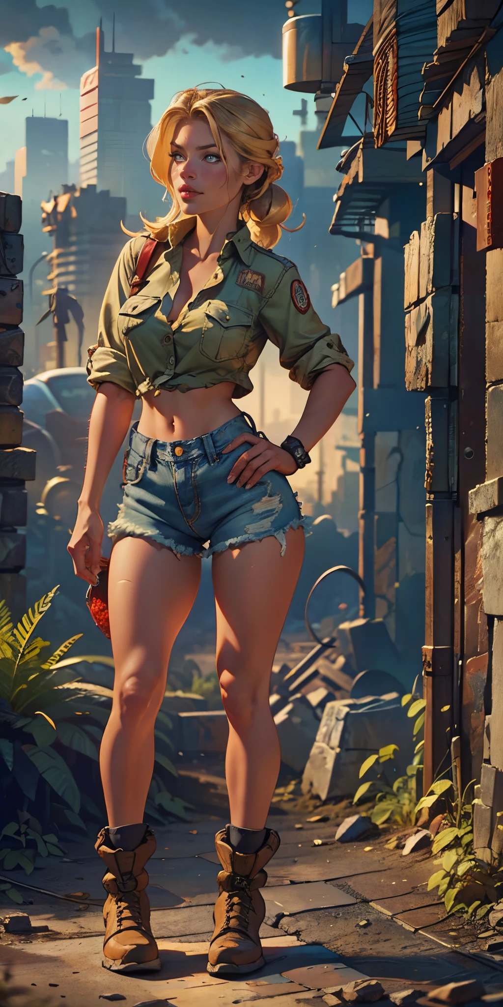 2076 year. The Urban Ruins of the Wasteland, Female huntress picking fruit in the garden, beautiful face, blonde, badly torn shirt and denim shorts ,  long legs, sweating through, sun rising, Nice warm colors, head to toe full body shot