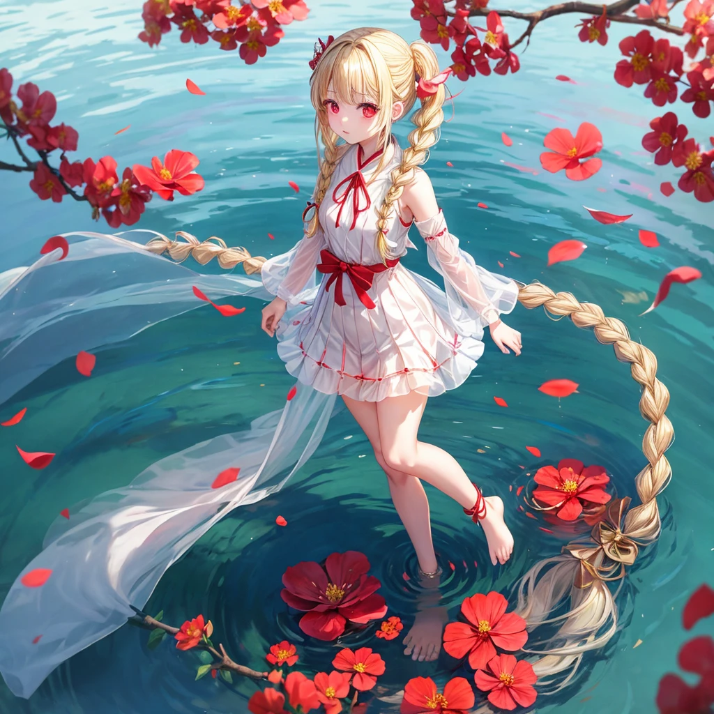 a blond、Braids、red eyes、One pretty girl、独奏、animesque、lightly dressed、a miniskirt、flower petals、bare-legged、firey、bow ribbon、Walking on the surface of the water