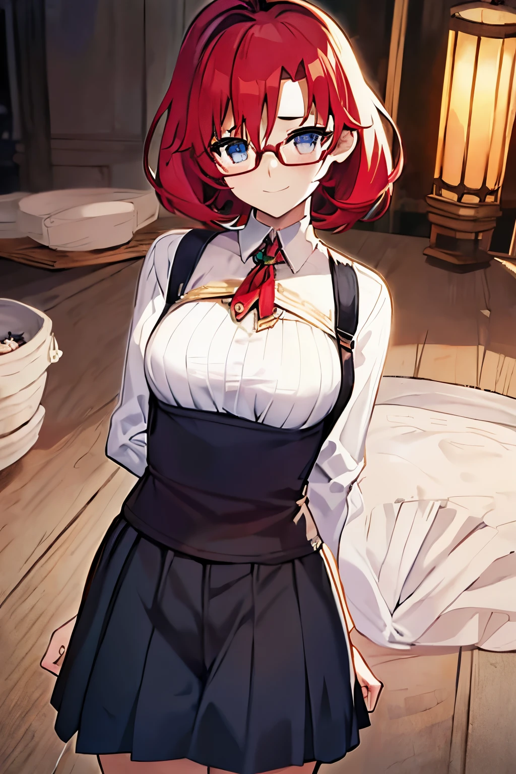 masterpiece、top-quality、1 girl in、red hairs、large full breasts、shortsleeves、cleavage of the breast、short-hair、eye glasses、anime styled、High School Uniforms、high quality fingers、lightsmile、The upper part of the body 、Get down on one knee、Skirt Fold、Fluffy clothes