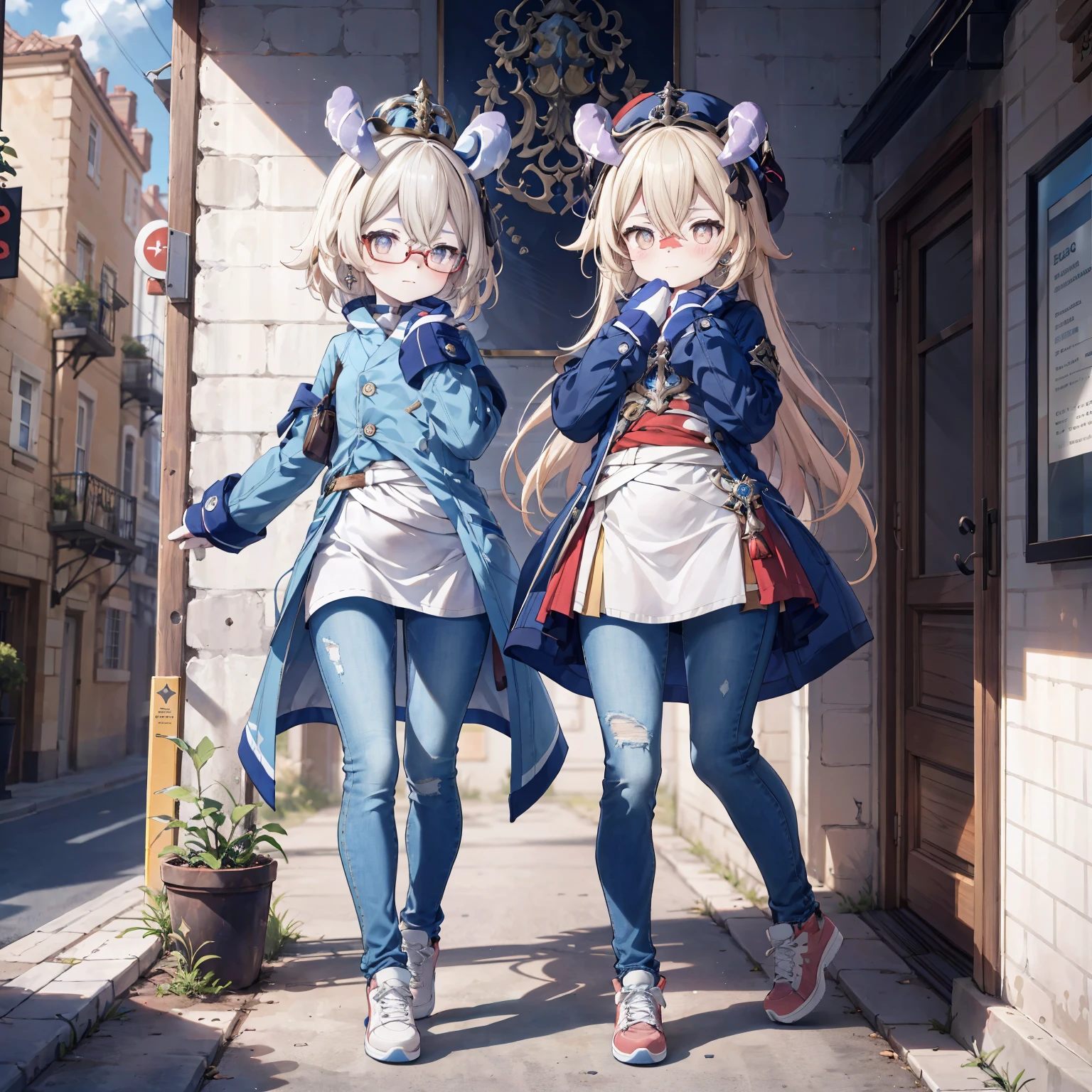Melousine|genshin impact, masterpiece, bestquality,3 girl,young girl, Long Jeans,  Wear glasses, long-haired,unstable _Front,oily shiny skin,flat chest,nice leg line:1.3,thick thighs, thin-waist,, red_streaks_light_wrap_dress, white_platform_sneakers, woven_El_bag, straw_headgear, gold_hoop_earrings, jacket, In a 19th century French town, long jeans city scenery,looking at the audience,From Top:1.2,dynamic angle