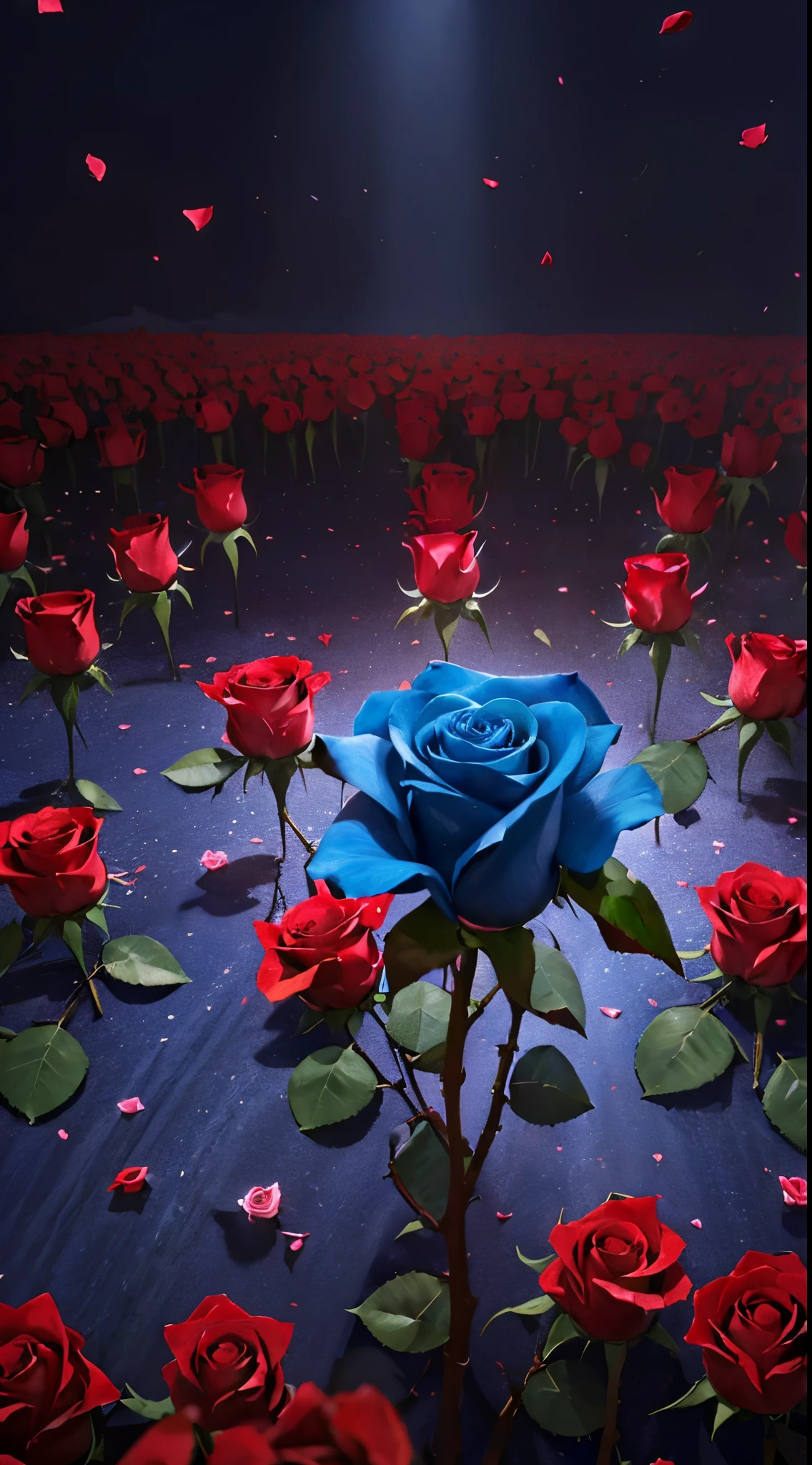 (((roses))) one blue rose in the middle of thousands of red roses(((singel blue rose)))HD lighting and dark )<=(epic image quality)dark atmosphere with bright particle light(many effects in background)