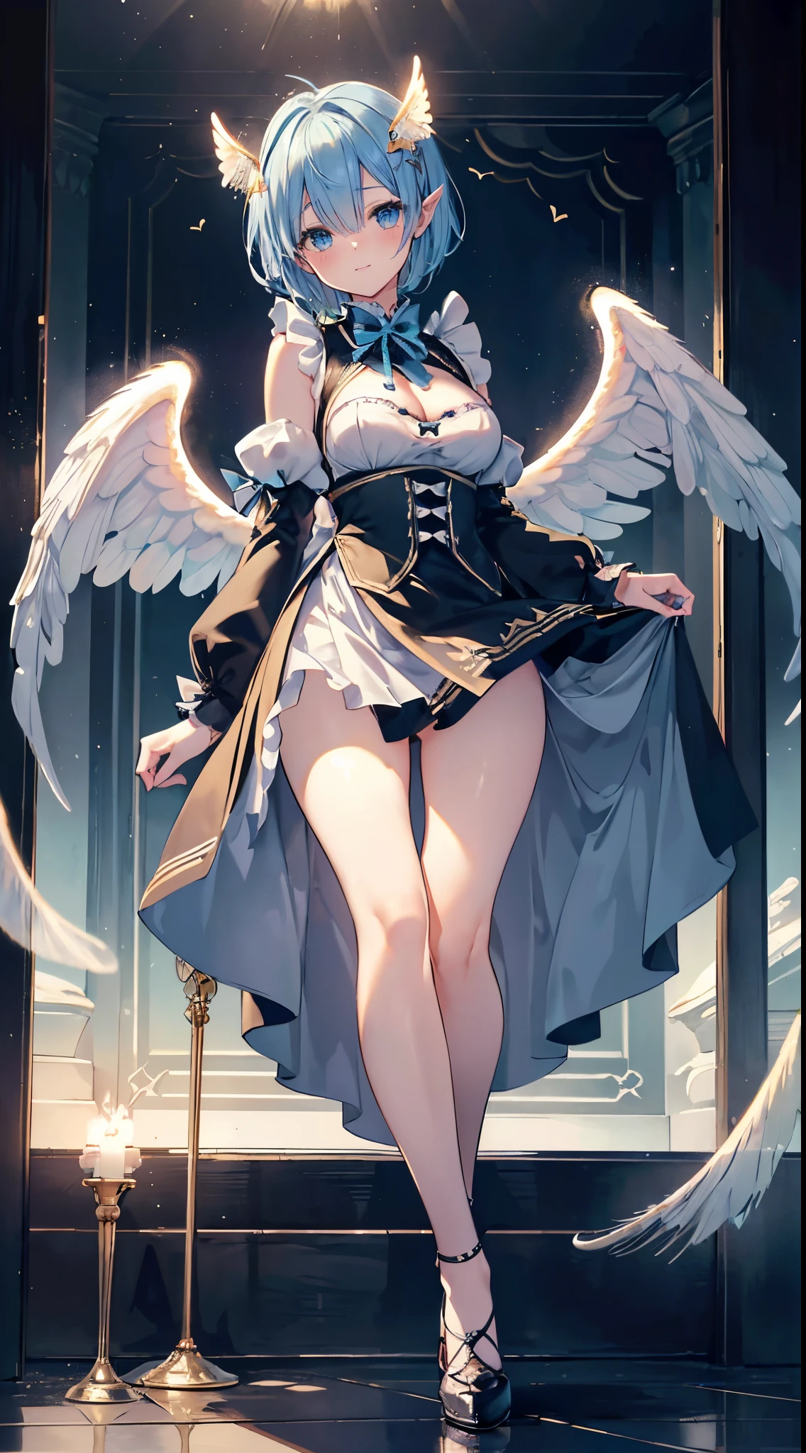 extra detailed face, Perfect Lighting, extremely details CG, 4K、8K、be shy、mournful smile、(Perfect hands, Perfect Anatomy)、maid clothes、Japan maid(Best Quality, masutepiece, ((Angel wings:1.2))。 art stations, Fantasy Art:1.2), Palace rooms, Beautiful cute girl, Rem of Rezero、(Blue shorthair:1.3), Bangs hide one eye、(Complex short gold skirt, Bare legs:1.2, Full body shot)、very Bigger breasts、cleavage of the breast、Nipples show through、White panties、(Clearly visible detailed female pubic shape: 1.4)、skirt rift、Thin leg、Skinny Legs、very very short skirt、low angles、Peeking out the skirt from below