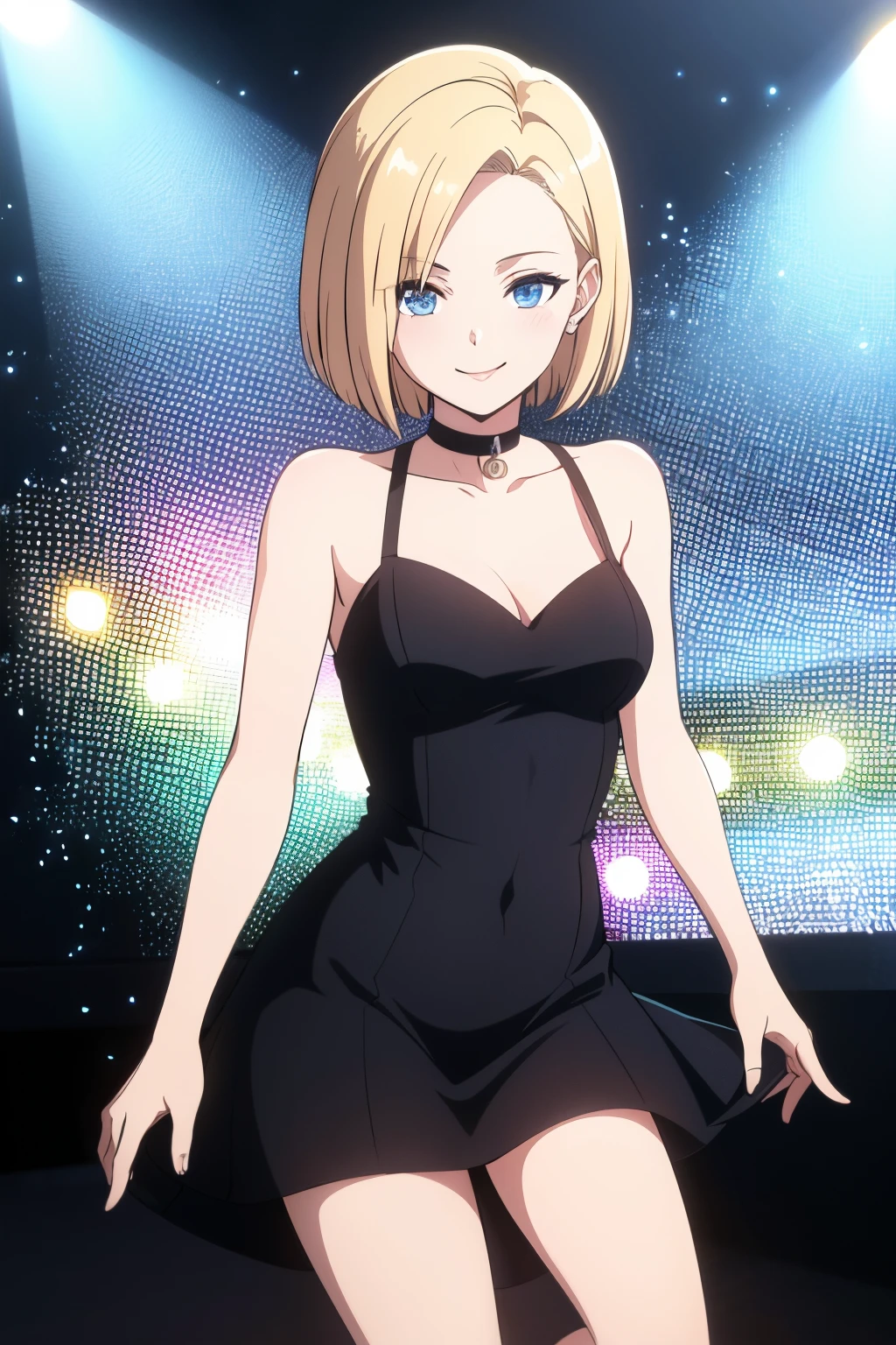 android18 (masterpiece)), ((best quality)), (ultra-detailed), wallpaper, highest quality, ((an extremely delicate and beautiful)), {{{highres}}}, 1 girl, bob hair, blonde hair, blue eyes, smile, illustration, medium breasts, strapless black dress, short black dress, black tube dress, choker, dancing, disco lights, nightclub.