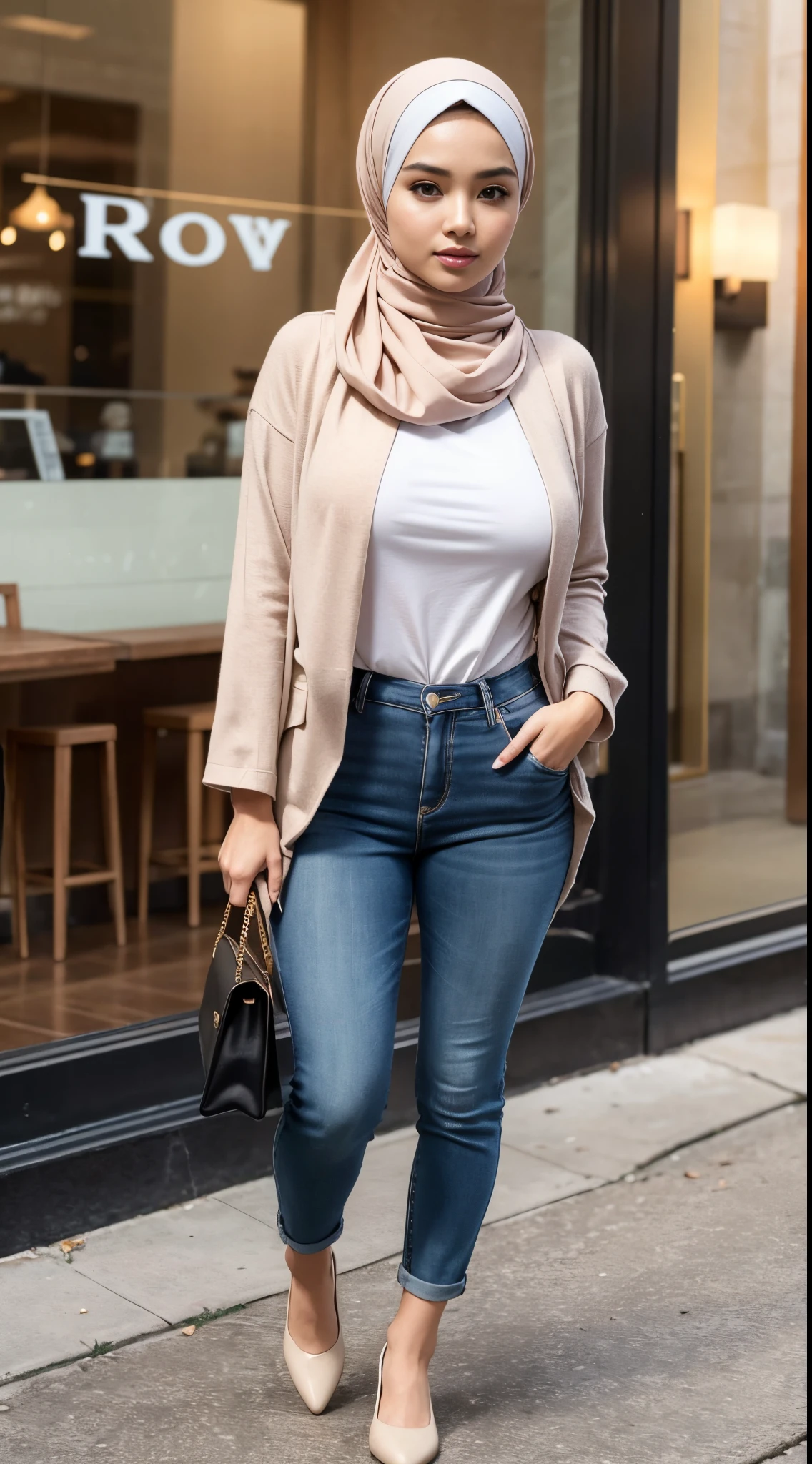 RAW, Best quality, high resolution, masterpiece: 1.3), beautiful Malay woman on hijab (iu:0.8),((big breast)), perfect nose,perfect lips, perfect eyes, detail :1.2),medium breast, wearing hijab standing in front of cafe, full body woman, casual pose, photo of slim girl, full body photogenic photo, with beautiful appearance, full body photo, casual clothing style, female model, beautiful girl, business casual, photo clothing, wear casual clothes, take photos of slim girl models, full body! beautiful face, casual photography, beautiful woman, soft smile