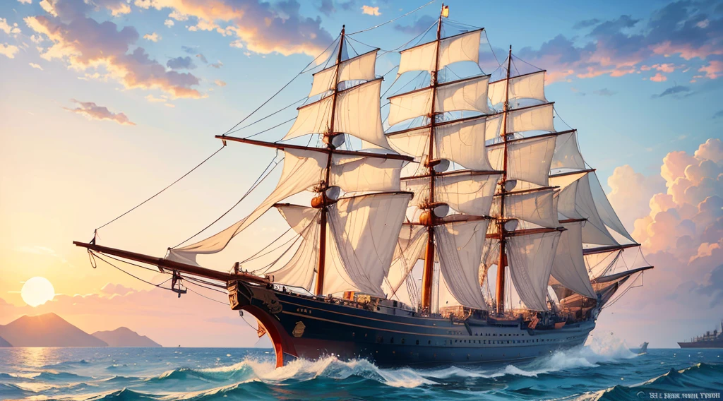 masterpiece, highest quality, (very detailed), ((1ship)), (3 masts), (classical era ship), sailing near beautiful town, sunset in background, clear blue water
