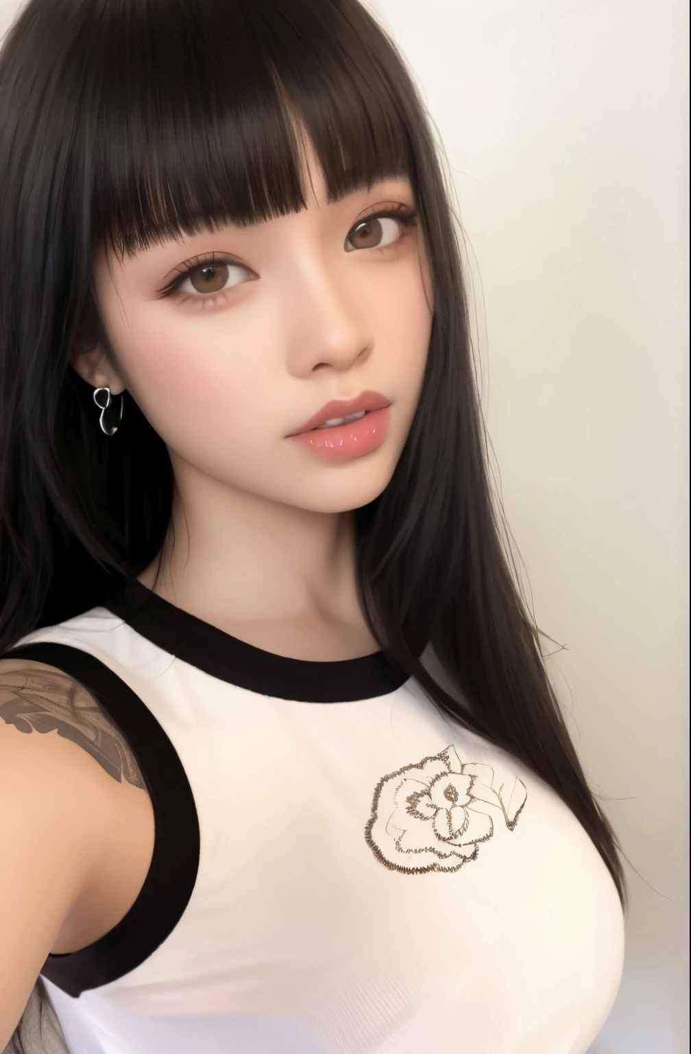 Un primer plano de una mujer con cabello largo con una camisa blanca, Ella tiene el pelo negro con flequillo, chica linda-fina-cara, Chica coreana, cruel korean goth girl, Lalisa Manobal, 🤤 girl portrait, ulzzang, Peinado blanco de corte hime, Cabello limpio con flequillo, con cabello largo y ojos penetrantes, Cabello negro Hime cortado