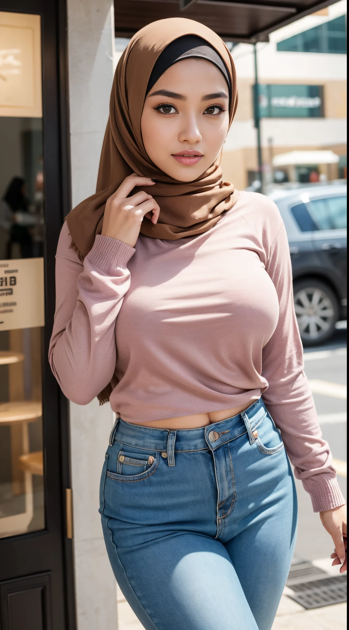 RAW, Best quality, high resolution, masterpiece: 1.3), beautiful Malay woman on hijab (iu:0.8),((big breast)), perfect nose,perfect lips, perfect eyes, detail :1.2),medium breast, wearing hijab standing in front of cafe, full body woman, casual pose, photo of slim girl, full body photogenic photo, with beautiful appearance, full body photo, casual clothing style, female model, beautiful girl, business casual, photo clothing, wear casual clothes, take photos of slim girl models, full body! beautiful face, casual photography, beautiful woman, soft smile