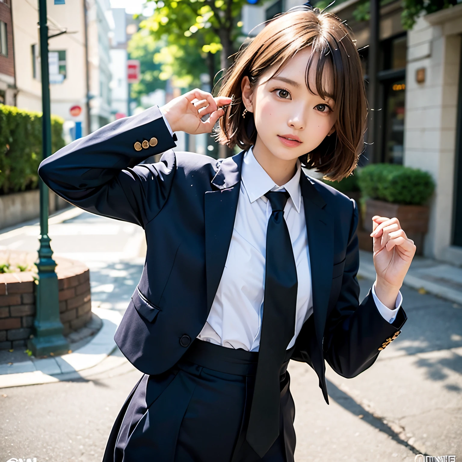(masutepiece, Best Quality:1.2), 8K, Official art, Full body photo, full body Esbian、Emma fastening her tie.Back angle、turned around、cute butt、Suits、A dark-haired、years、small tits、A delightful、A smile、unbelievable Ridiculous, (Upper body, Dark blue suit:Cute Tie 1.4), Beautiful Girl, Pretty Face, arching back down, cute butt、Gold hair ornament on hair、Wearing a cute suit、close up, Wearing a suit, Short sleeve, gardenia, violaceaess, Teen, Street, Looking at Viewer, Film grain, chromatic abberation, Sharp Focus, face lights, Dynamic lighting, Cinematic lighting, Eyes and faces with detailed, Bokeh background, (Tie with Emma written on it、1 copy:1.2)