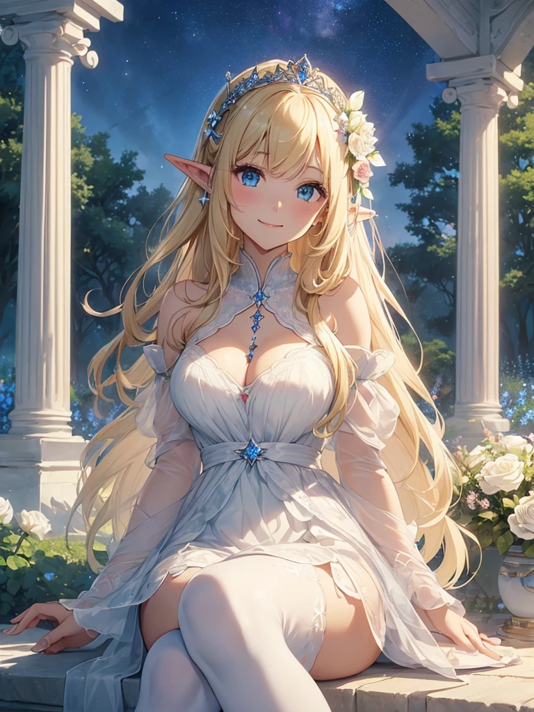 top-quality、Top image quality、masterpiece、Elven Beauty、Smiling while holding a bouquet of white roses((24 year old、Best Bust、big bast、Bust 90,Beautiful blue eyes、,Blonde long hair、A slender、a closeup、Esbian、beautiful tiara、hiquality、Beautiful Art、Background with((starrysky)))masutepiece、visualart、depth of fields、morning、sunrises、Elven ears、、mid night、harp melody🎵、Happy smile、Gentle light、、Beautiful skins、beutiful breast、beautiful foot、welcome、、accurate fingers、Exact finger count、nffsw、Beautiful dress、Mystical In the flower garden、flower field、white roses、the woods、Marble pillars、Sit up