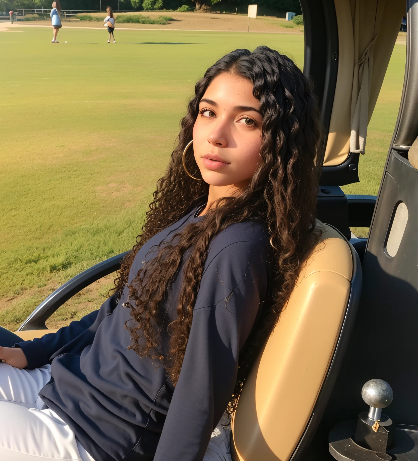 ,pele morena,cabelo cacheado, sentada no banco, cabelo enrolado, brincos de argola,meninaa, estilo pixar