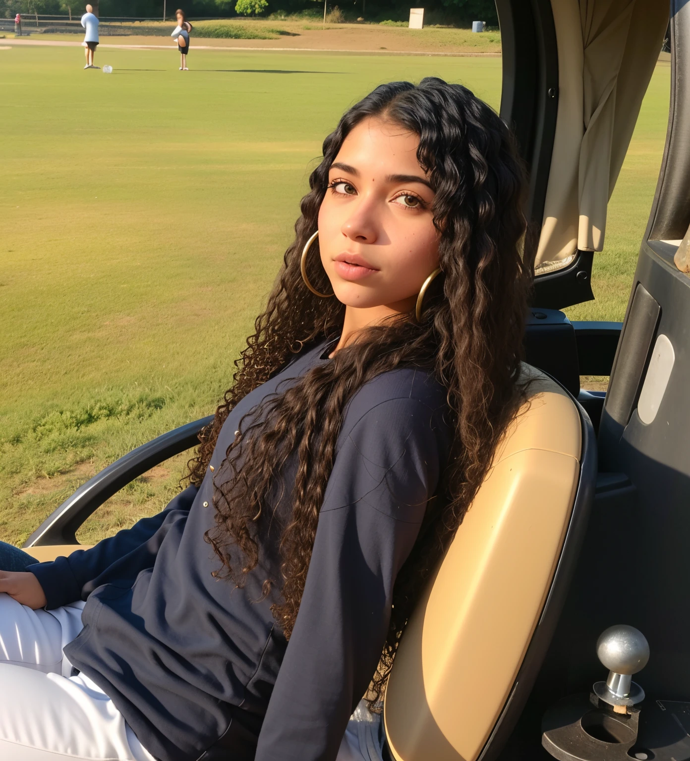 menina,pele morena,cabelo cacheado, sentada no banco, cabelo enrolado, brincos de argola,menina bonita, estilo pixar