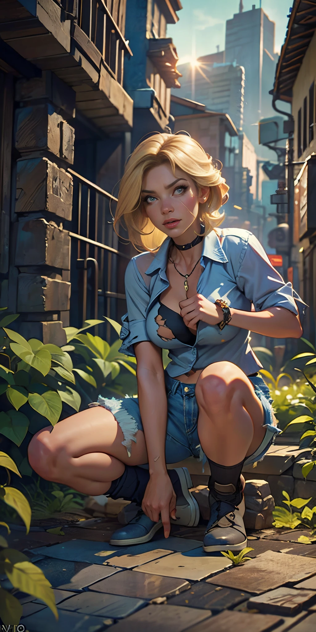 2076 year. The Urban Ruins of the Wasteland, Female huntress picking fruit in the garden, beautiful face, blonde, very torn shirt and denim shorts, shirt in tatters ,  long legs, sweating through, sun rising, Nice warm colors, head to toe full body shot