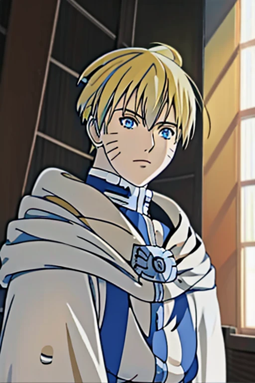 anime boy with spiky yellow hair and white cape looking at the camera, tall anime guy with blue eyes, naruto as himmel, naruto uzumaki, male anime character, hero, looking at viewer