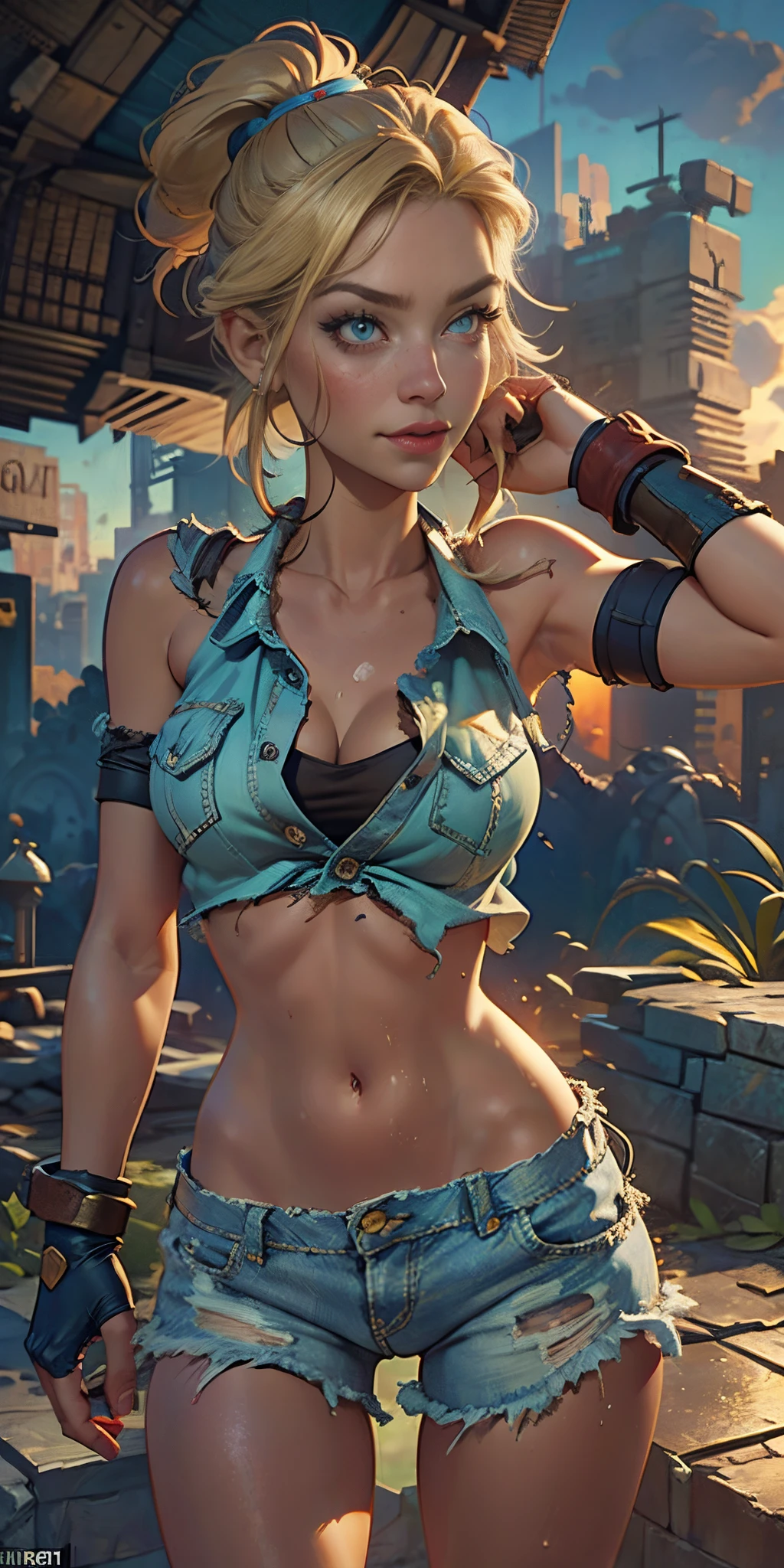 2076 year. The Urban Ruins of the Wasteland, Female huntress picking fruit in the garden, beautiful face, blonde, very torn shirt and denim shorts, shirt in tatters ,  long legs, sweating through, sun rising, Nice warm colors, head to toe full body shot