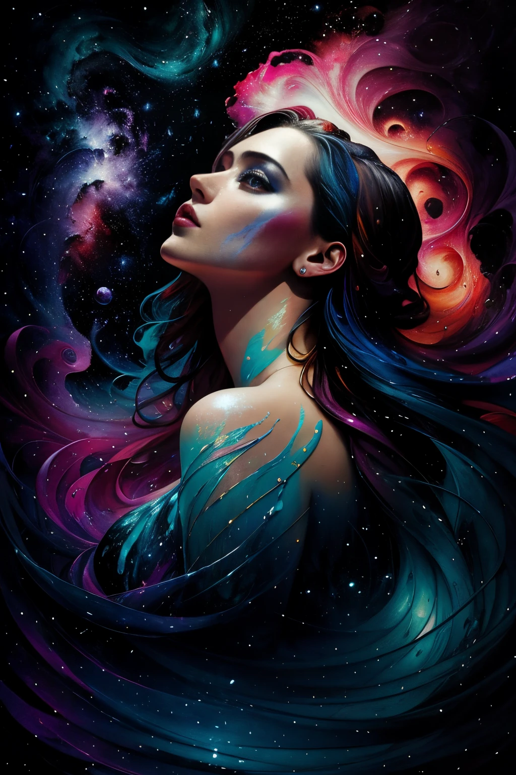 a mixed media abstract artwork of a strange woman with striking eyes and long hair, highly detailed eyes,medium breast,(fine art), (splashes and splatters of paint in nebula colors on the canvas 1.2),[thick, wet,shiny dripping paint], ink, pencil shading, award winning, (perfect composition),(nebula:0.5),(galaxy:0.5)