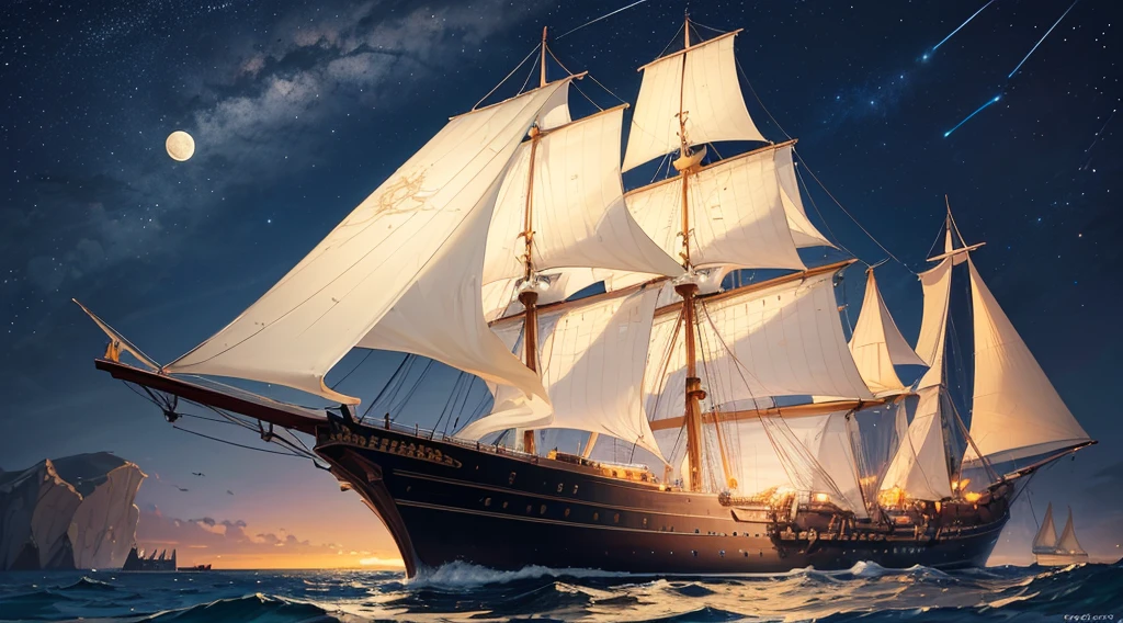masterpiece, highest quality, (very detailed), ((1ship)), (3 masts), (classical era ship), sailing near beautiful town, night, lots of stars, moon in background, clear blue water