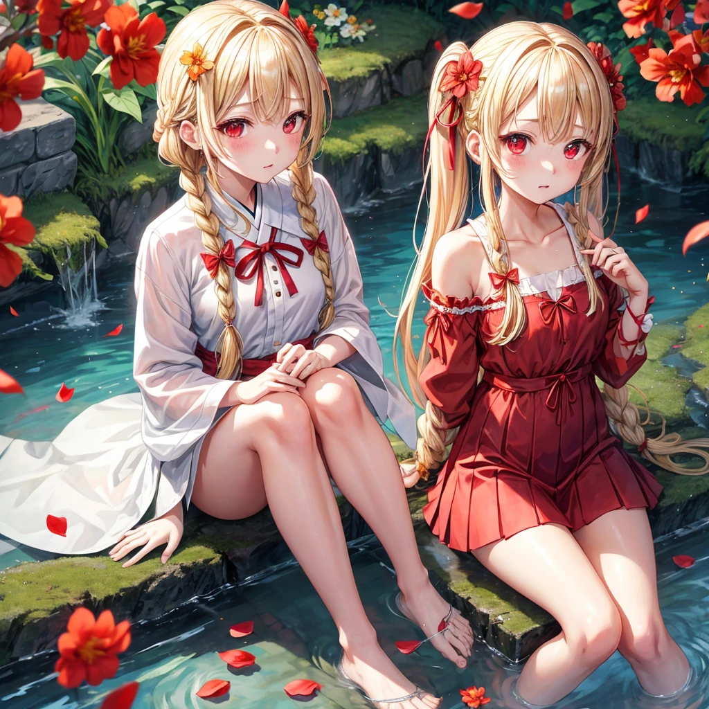 a blond、red eyes、1 pretty girl、animesque、lightly dressed、a miniskirt、flower petals、bare-legged、wetting hair、sullenness、Camisole-wearing、rainbows、Skip water、Riding a dragon