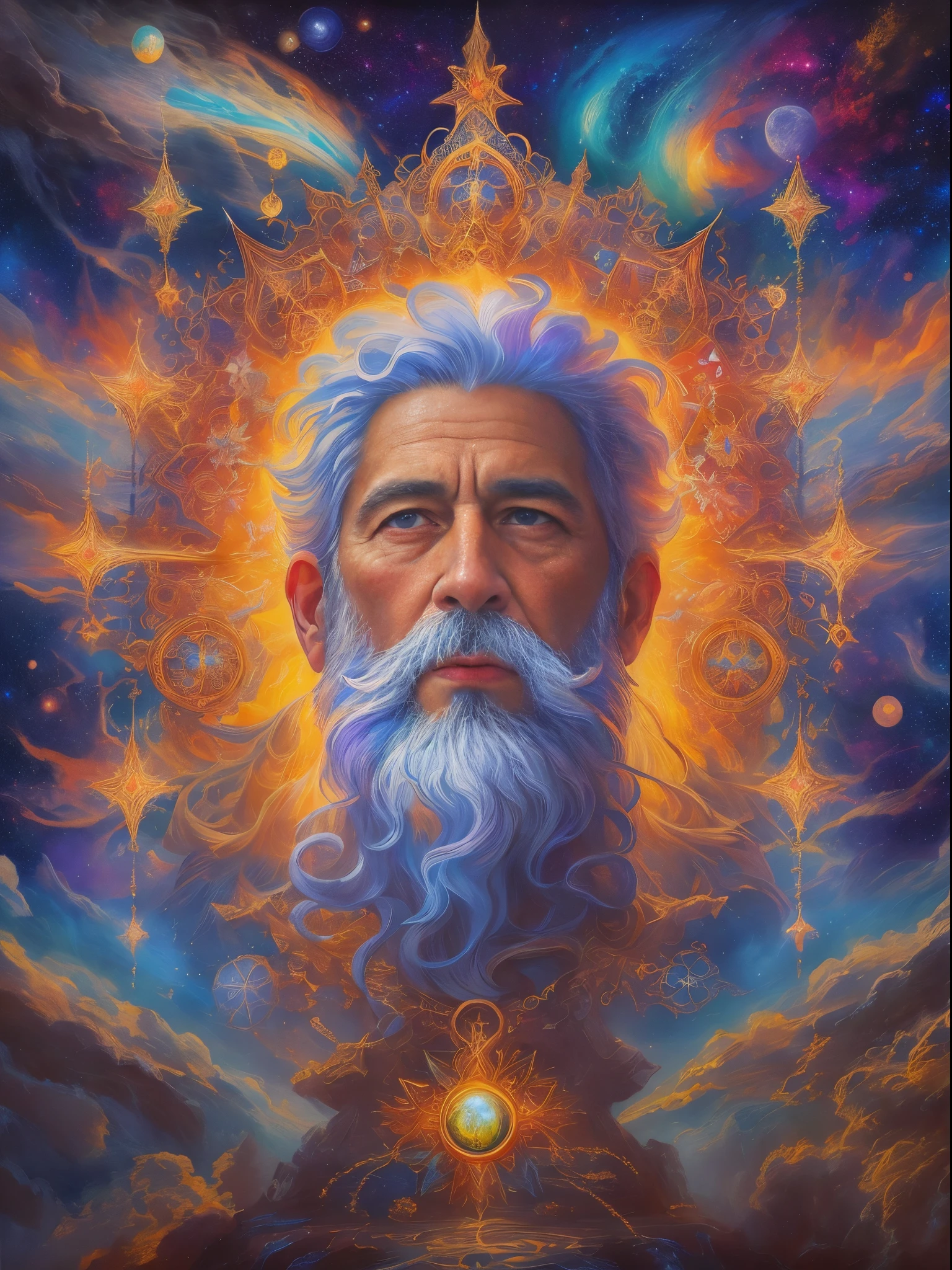 (Best quality,4K,8K,A high resolution,tmasterpiece:1.2),ultra - detailed,Cosmic Entity Portrait,cosmic god statue,Fantasy painting,Oooooh, oh oh oh, Oh, God's face,an abstract spiritual background,centered portrait,old man with beard in ancient times,Deep Dream Universe,Strange portrait with the Milky Way,image of god in sky,his thoughts on eternity,metaphysical painting