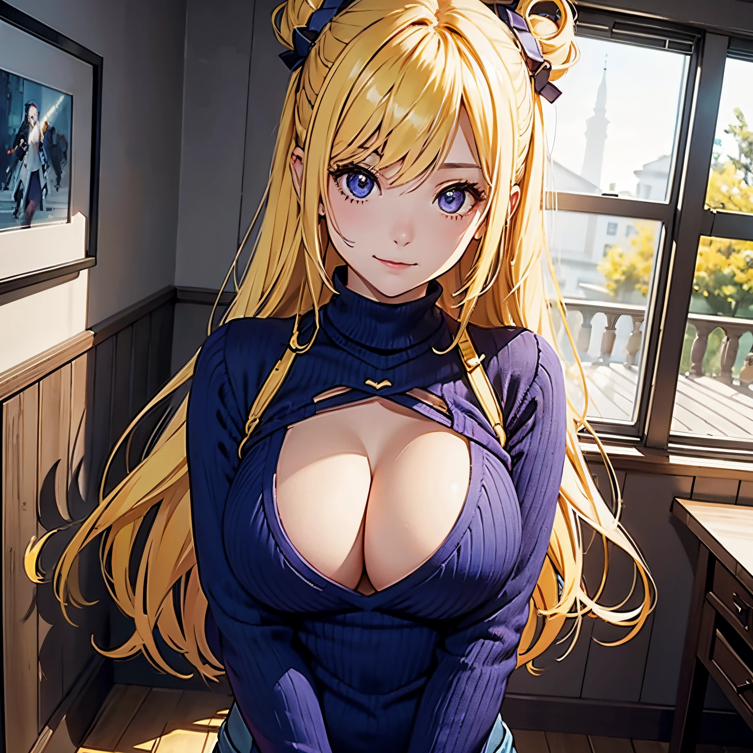 close-up of a girl with yellow hair wearing a tight blue sweater with a chest cutout, BREAK [tight blue sweater with heart-shaped cutout on the chest], yellow hair, long hair, purple eyes, big breasts, Yang Xiao, BREAK [holds her breasts down with both hands], looking at viewer, malicious smile, BREAK in the hall, the background is well-drawn, alone in the hall, high quality