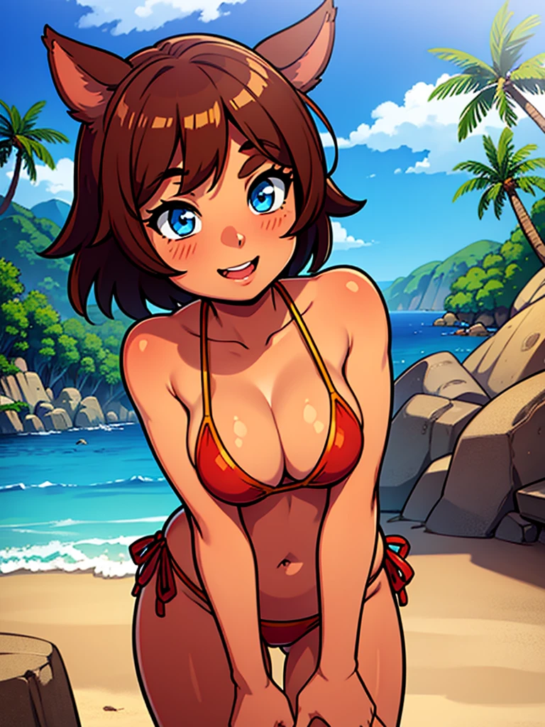 Miqo&#39;te, brown hair, blue eyes, happy, beach, bikini red, close up, tan skin,  final fantasy 14, short hair, on all 4, stare