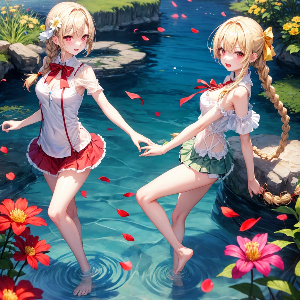 a blond、red eyes、1 pretty girl、animesque、lightly dressed、a miniskirt、flower petals、bare-legged、wetting hair、sullenness、Camisole-wearing、rainbows、Skip water、Riding a dragon