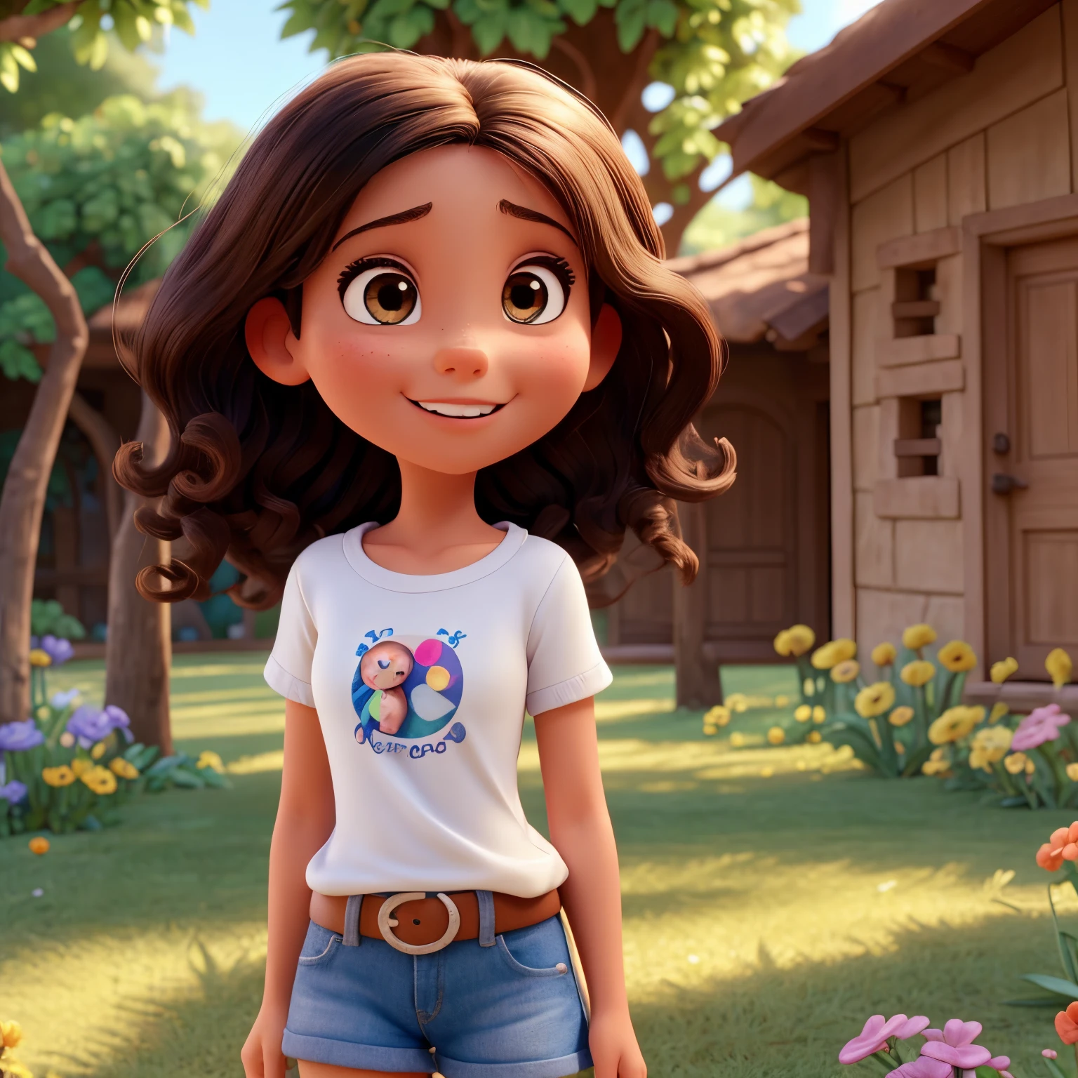 Inspiret bye pixar animed. Happy and innocent girl, morena, cabelo cacheado e longo, cabelo escuro. Olhos grandes, expressivos,  olhos puxados, boca carnuda, dentes separados. Jovem romantica passeando em um lindo jardim