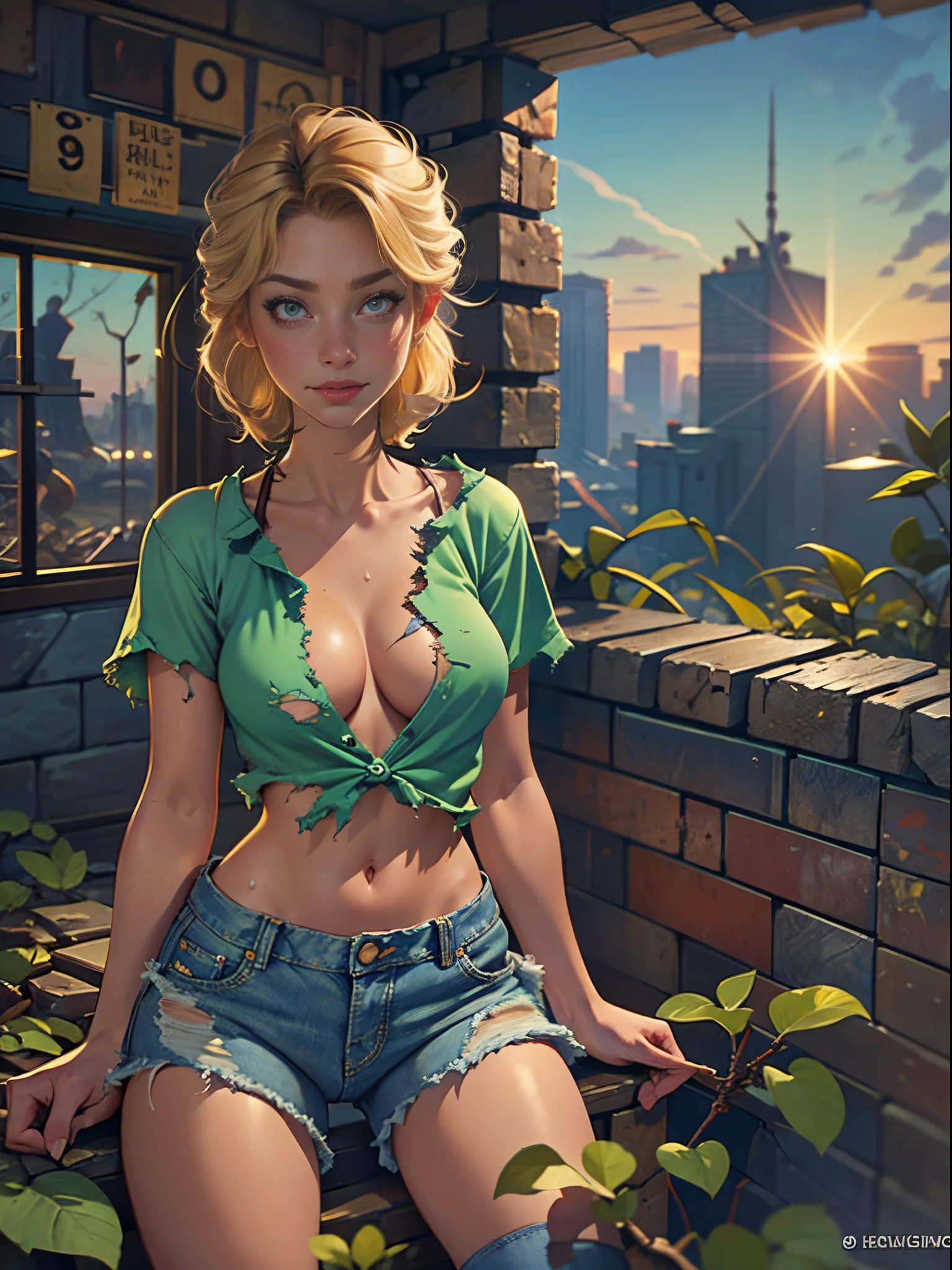 2076 year. The Urban Ruins of the Wasteland, Female huntress picking fruit in the garden, beautiful face, blonde, very torn shirt and denim shorts, shirt in tatters , long legs, sweating through, sun rising, Nice warm colors, head to toe full body shot