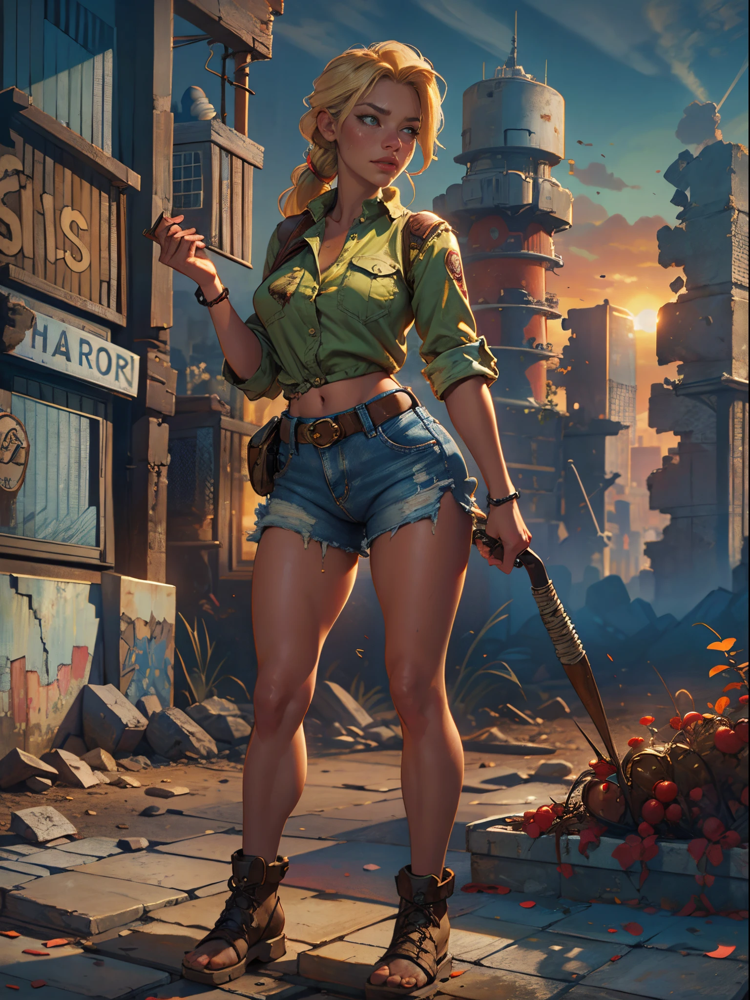 2076 year. The Urban Ruins of the Wasteland, Female huntress picking fruit in the garden, beautiful face, blonde, very torn shirt and denim shorts, shirt in tatters , long legs, sweating through, sun rising, Nice warm colors, head to toe full body shot