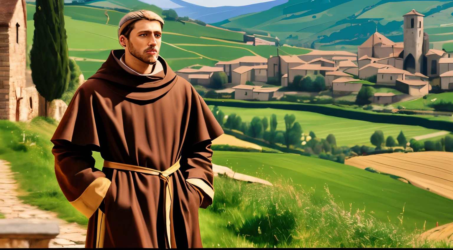 homem cinzelado em monge'clothes standing on a path in a rural area, inspirado em Francisco Helps, vestindo vestes marrons, monge, inspirado em Tommaso Masaccio, inspirado em Duccio, por Francisco Helps, inspirado em John F. Francisco, inspirado em Agnolo Gaddi, ๐น๏ธ ๐ ๐ซ ๐ค ๐ฌ, ๐ฟ๐๐
