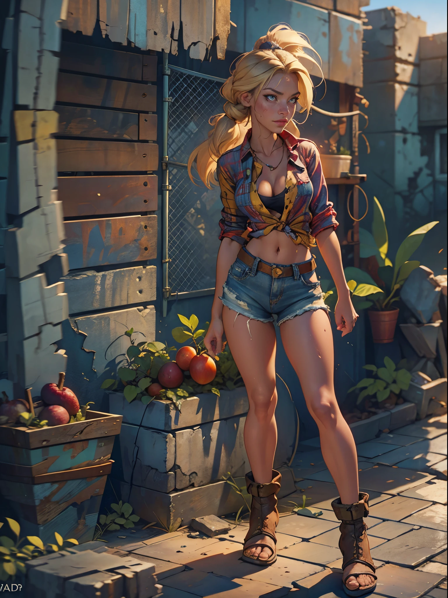 2076 year. The Urban Ruins of the Wasteland, Female huntress picking fruit in the garden, beautiful face, blonde, very torn shirt and denim shorts, shirt in tatters , long legs, sweating through, sun rising, Nice warm colors, head to toe full body shot