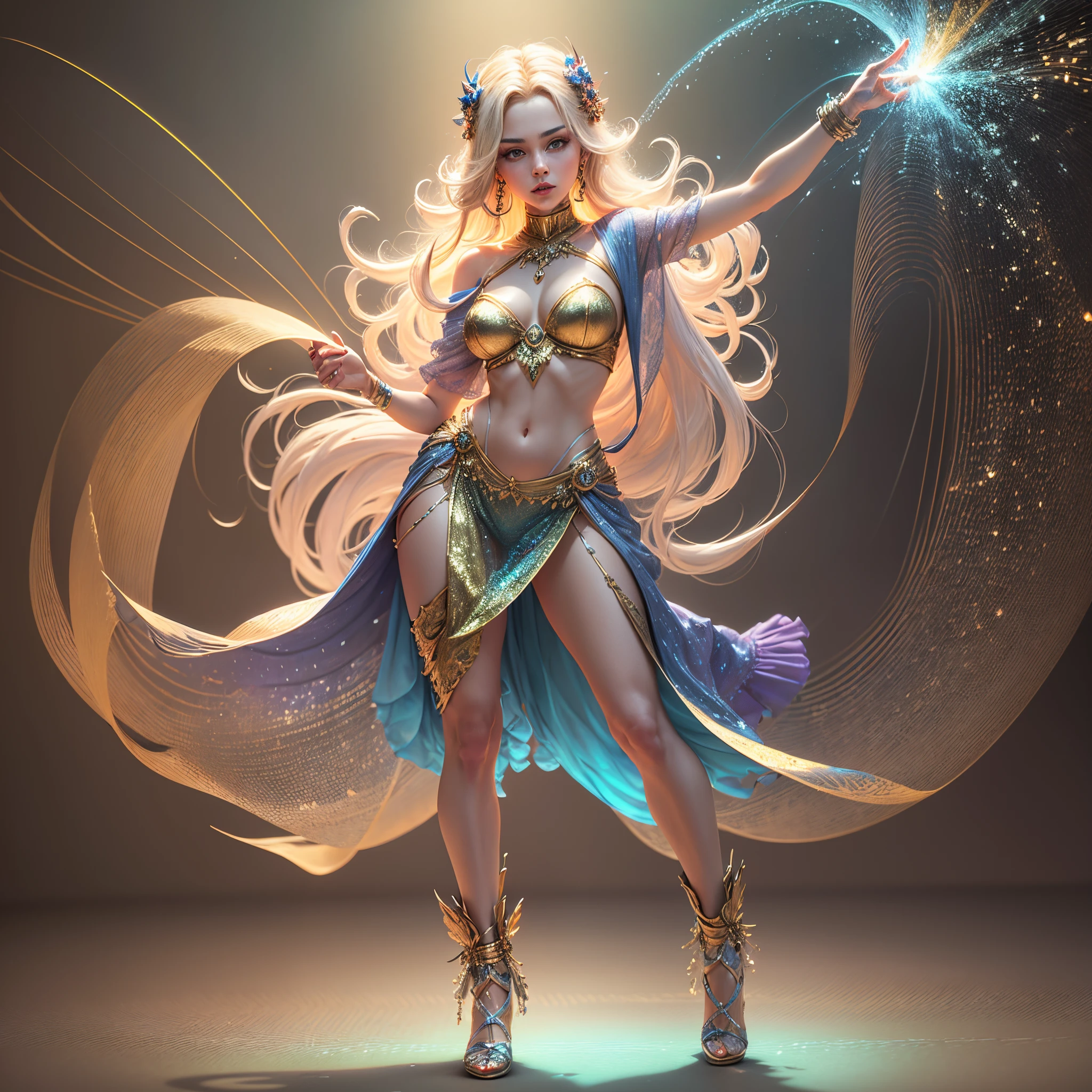 ******For your request to combine a 3D hologram style with the specified details in digital 3D art style, the prompt would be:"A 3D hologram render of a female dancer with striking golden hair, captured in a dynamic, energetic dance pose .This holographic image, while ethereal and translucent, is rich in detail and color. The environment is a 3D beach setting, where the hologram cleverly integrates realistic water reflections, shimmering and sparkling as if they're responding to the dancer's movements. The atmosphere of the scene is lively and vibrant, enhancing the impression of her lively dance moves. This piece is realized using advanced 3D rendering software, allowing for high-resolution textures and detailed lighting settings that highlight the holographic quality of the image. The light plays across the scene, creating a mesmerizing depth and movement, making the dancer and her surroundings appear both surreal and strikingly real,[Subject], rendered in a [Style] style. The color scheme is dominated by [Color Scheme], conveying a [Mood ] mood. In the background, there is [Setting], - aXk1oE7 --auto --s2